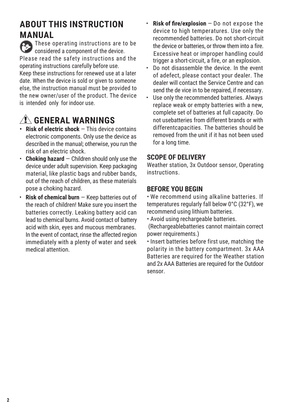 About this instruction manual, General warnings | Explore Scientific Weather Station with Three Wireless Sensors User Manual | Page 2 / 44