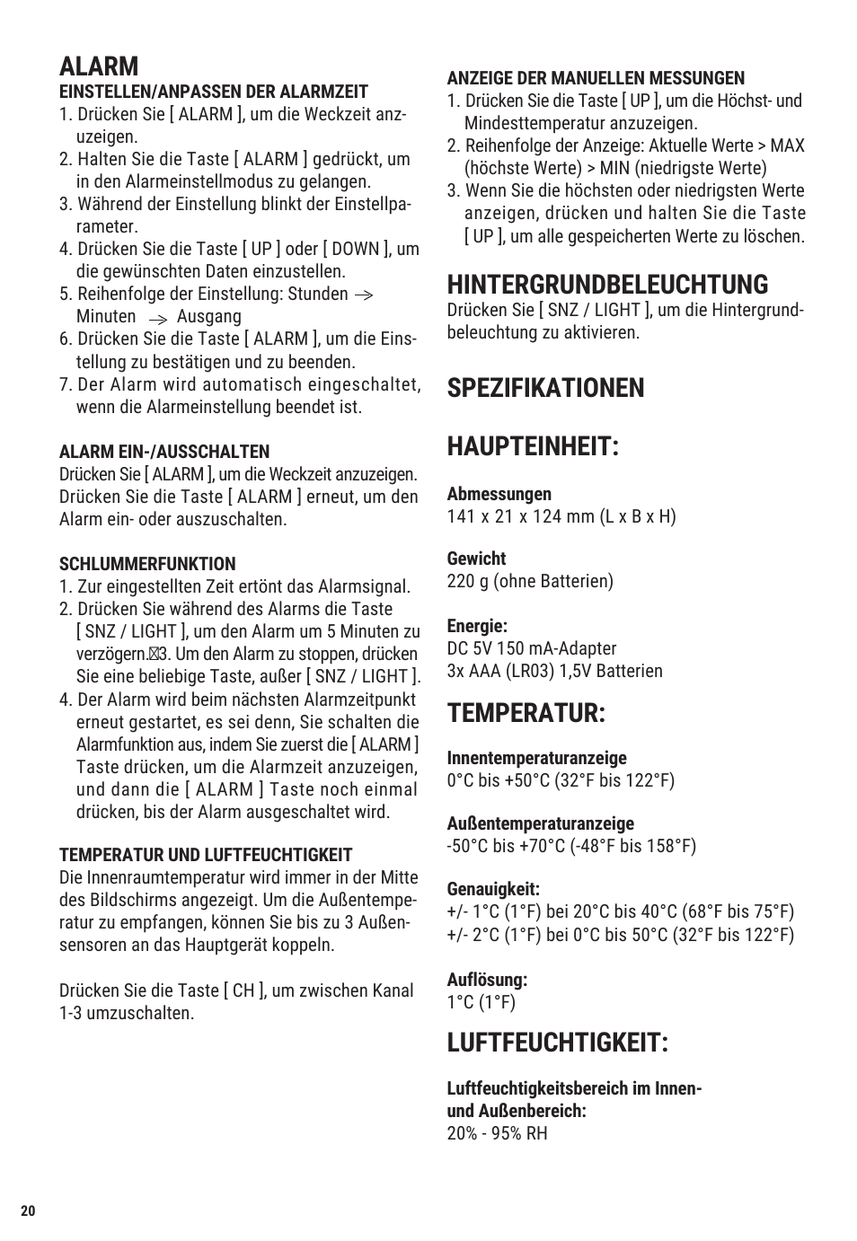 Alarm, Hintergrundbeleuchtung, Spezifikationen haupteinheit | Temperatur, Luftfeuchtigkeit | Explore Scientific Weather Station with Three Wireless Sensors User Manual | Page 20 / 44