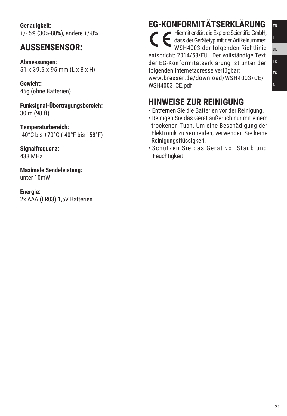 Eg-konformitätserklärung, Hinweise zur reinigung, Aussensensor | Explore Scientific Weather Station with Three Wireless Sensors User Manual | Page 21 / 44