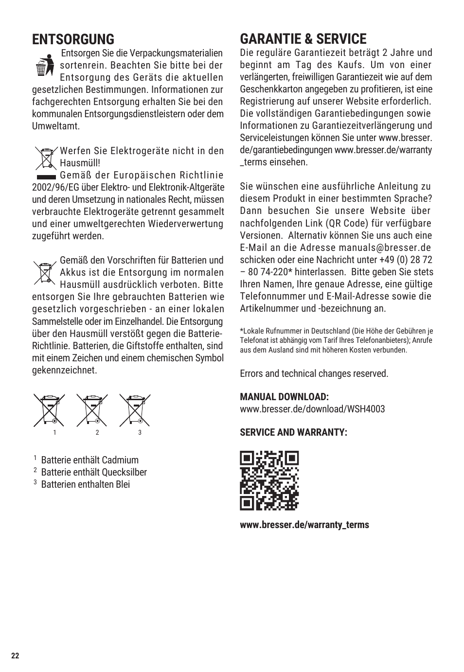 Entsorgung, Garantie & service | Explore Scientific Weather Station with Three Wireless Sensors User Manual | Page 22 / 44