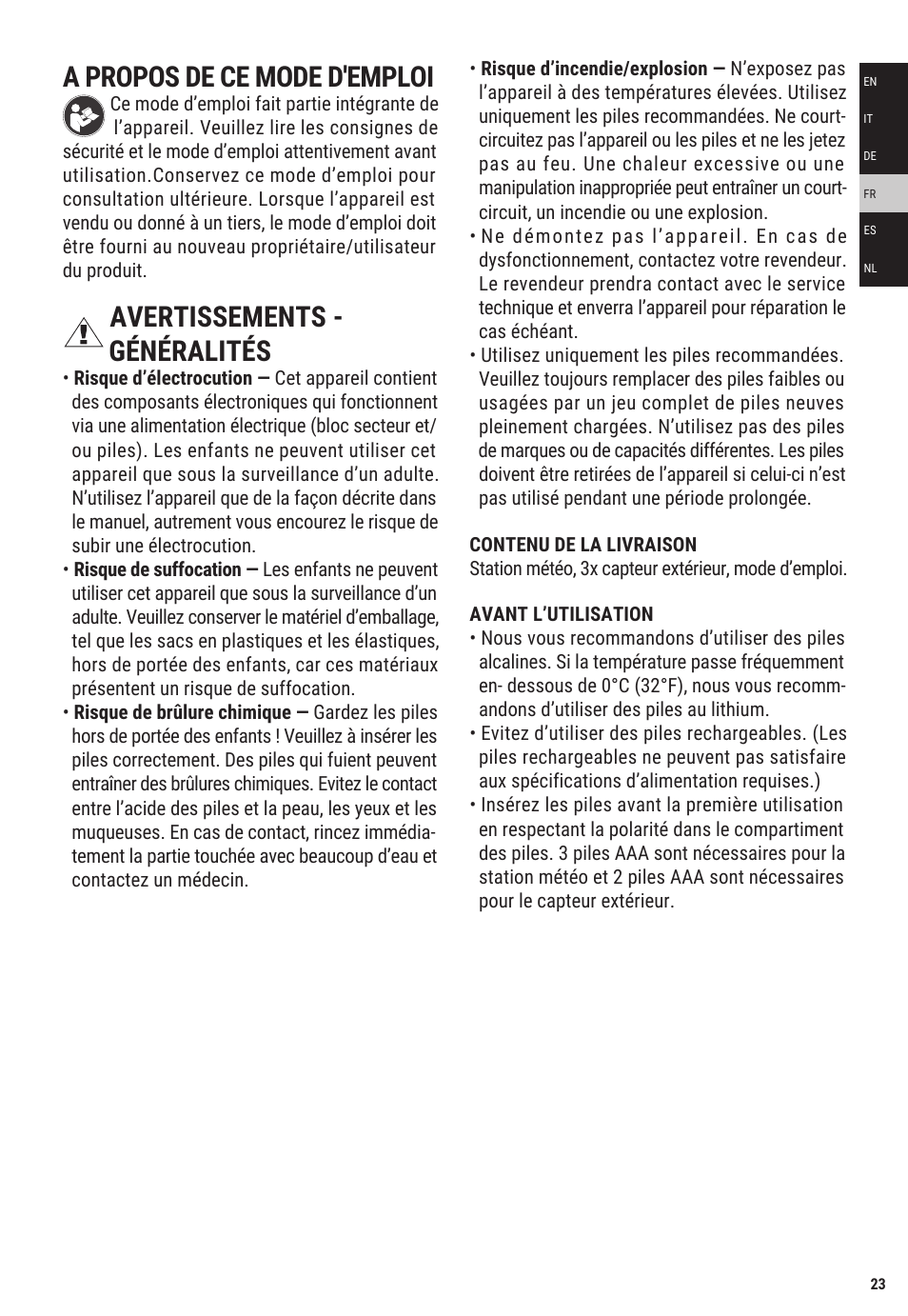 A propos de ce mode d'emploi, Avertissements - généralités | Explore Scientific Weather Station with Three Wireless Sensors User Manual | Page 23 / 44