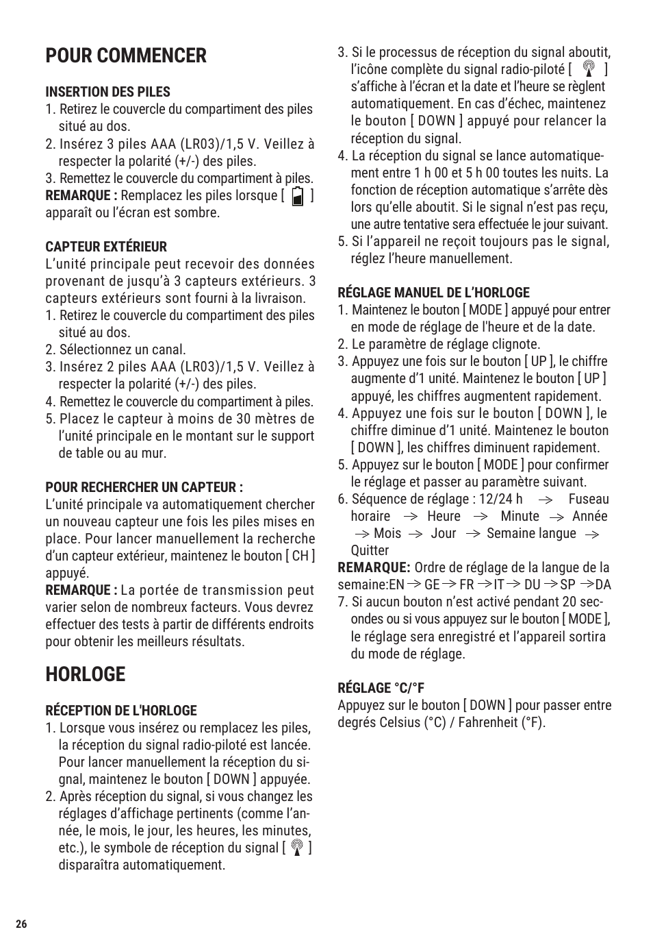 Pour commencer, Horloge | Explore Scientific Weather Station with Three Wireless Sensors User Manual | Page 26 / 44