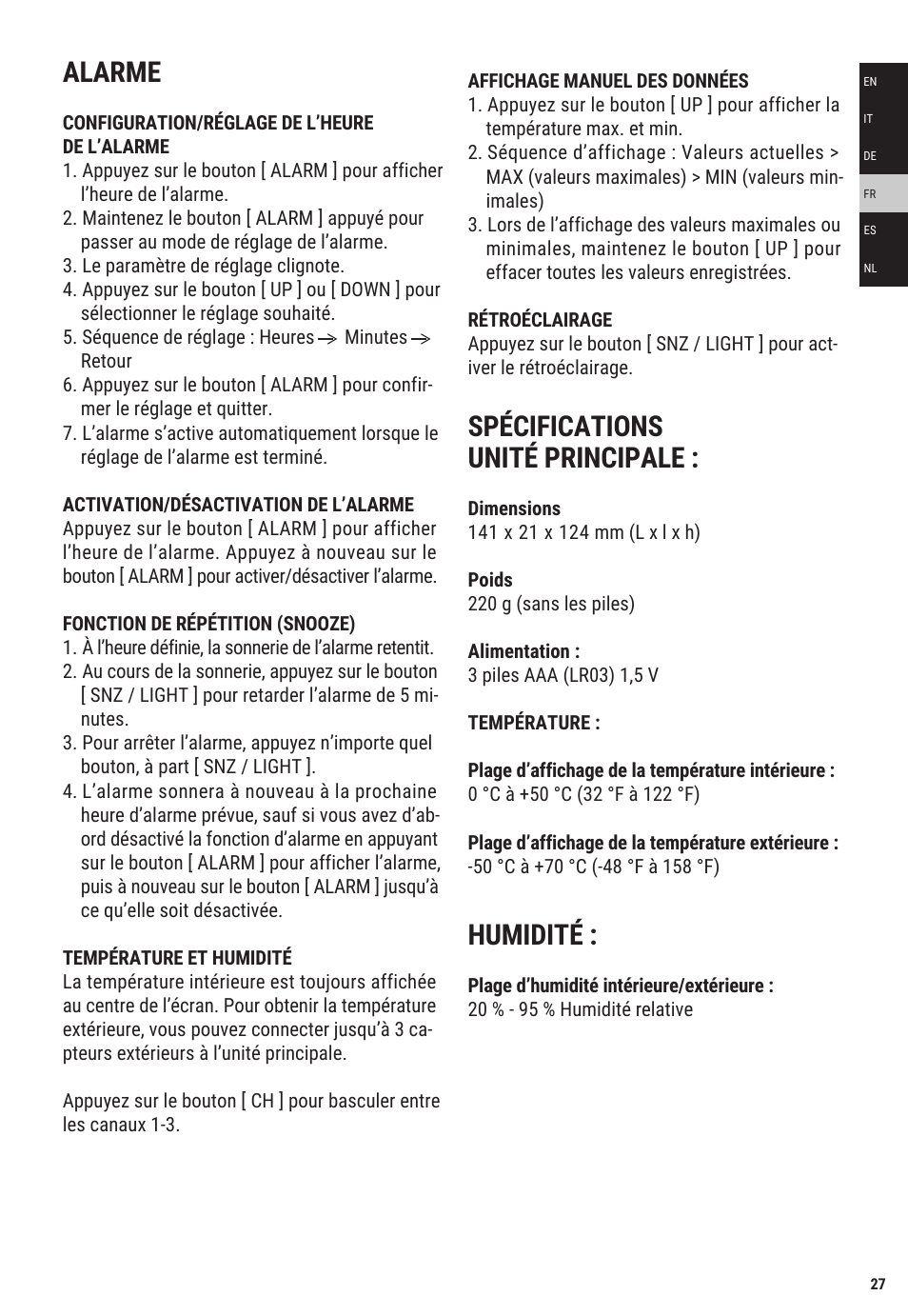 Alarme, Spécifications unité principale, Humidité | Explore Scientific Weather Station with Three Wireless Sensors User Manual | Page 27 / 44