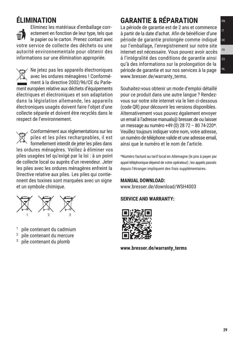 Élimination, Garantie & réparation | Explore Scientific Weather Station with Three Wireless Sensors User Manual | Page 29 / 44