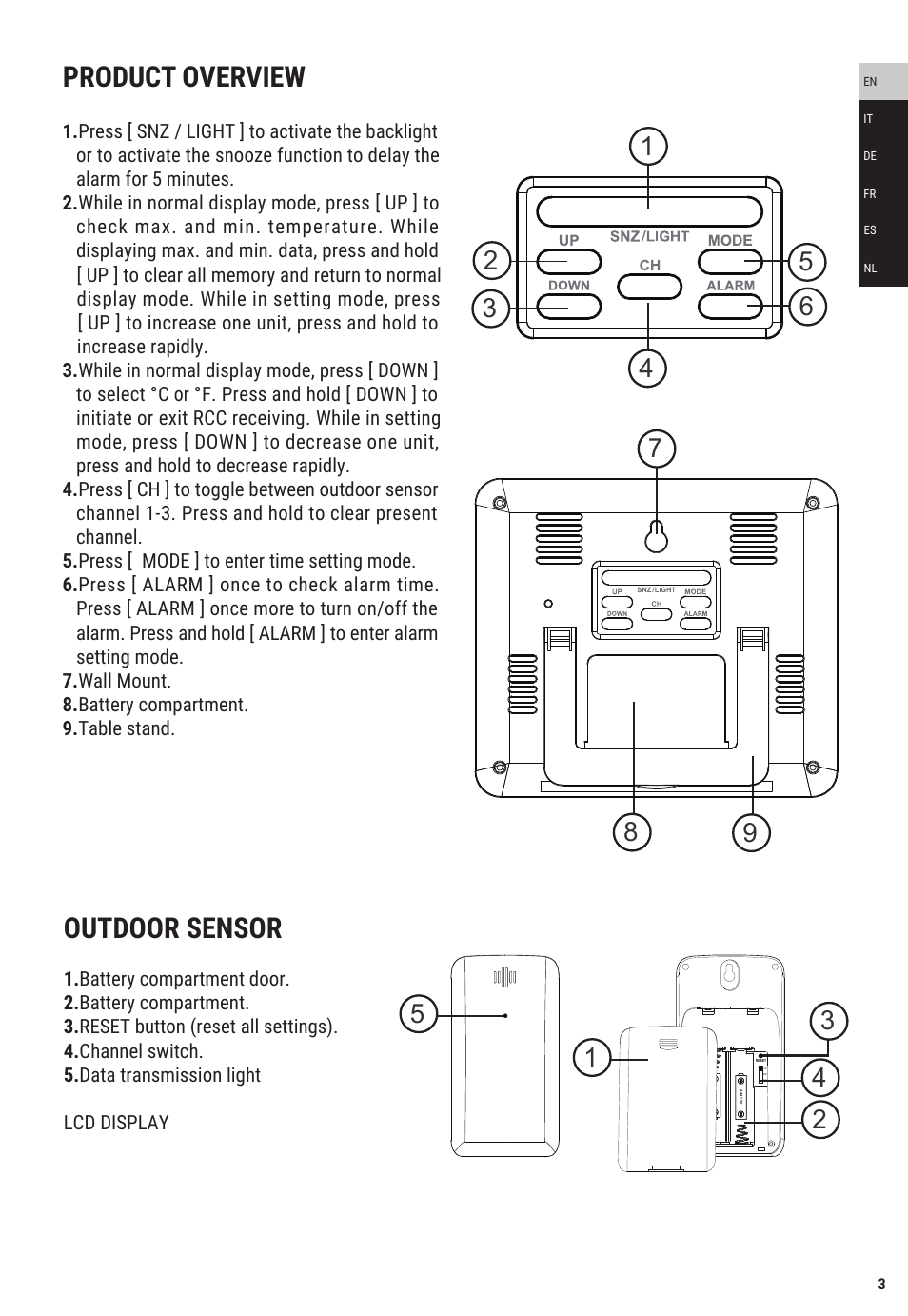 Product overview, Outdoor sensor | Explore Scientific Weather Station with Three Wireless Sensors User Manual | Page 3 / 44