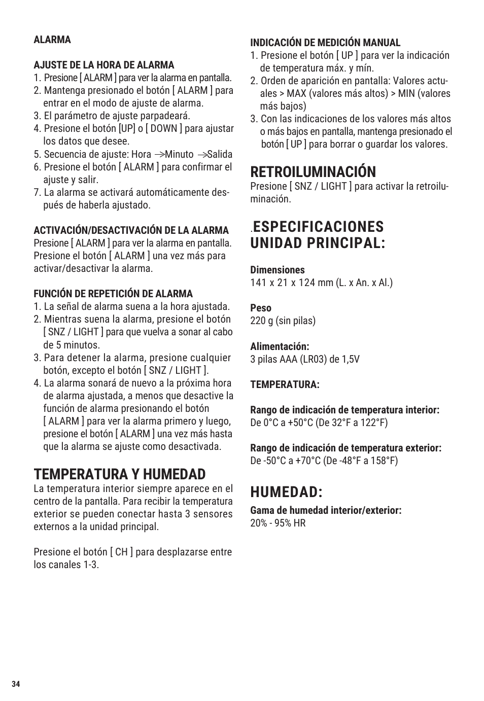 Temperatura y humedad, Retroiluminación, Especificaciones unidad principal | Humedad | Explore Scientific Weather Station with Three Wireless Sensors User Manual | Page 34 / 44