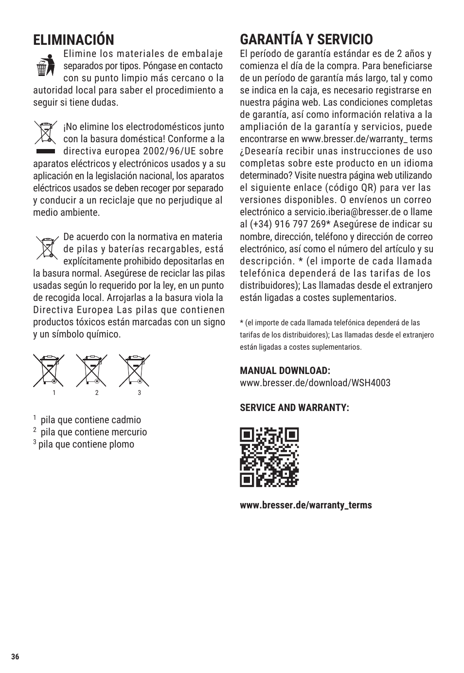 Eliminación, Garantía y servicio | Explore Scientific Weather Station with Three Wireless Sensors User Manual | Page 36 / 44