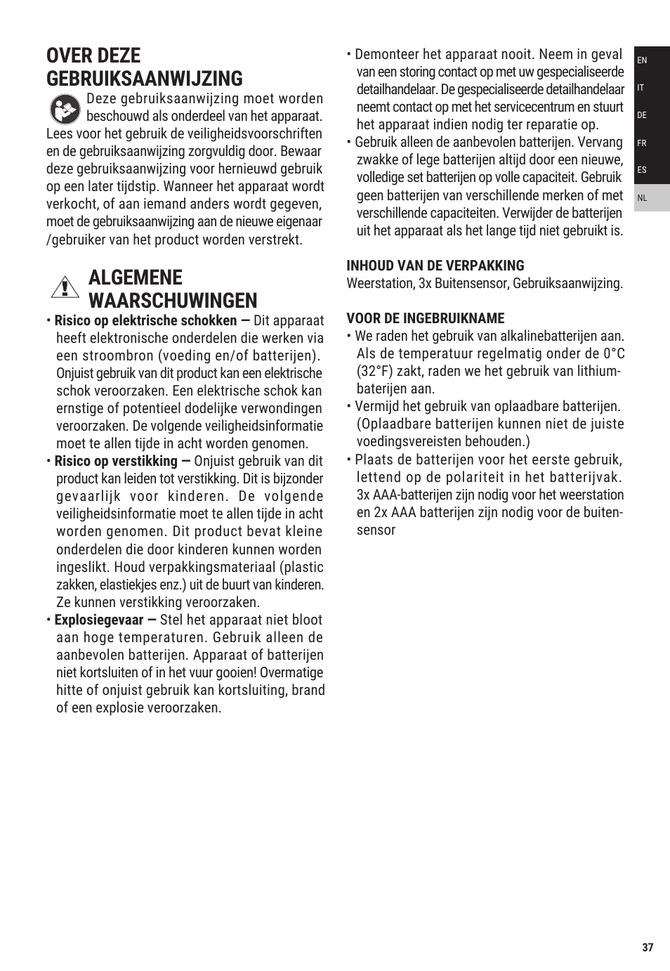 Over deze gebruiksaanwijzing, Algemene waarschuwingen | Explore Scientific Weather Station with Three Wireless Sensors User Manual | Page 37 / 44