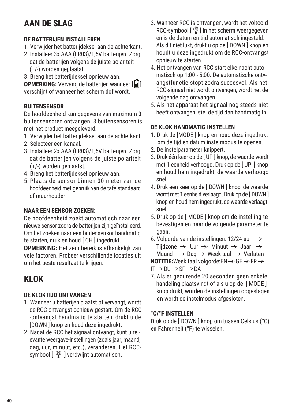 Aan de slag, Klok | Explore Scientific Weather Station with Three Wireless Sensors User Manual | Page 40 / 44