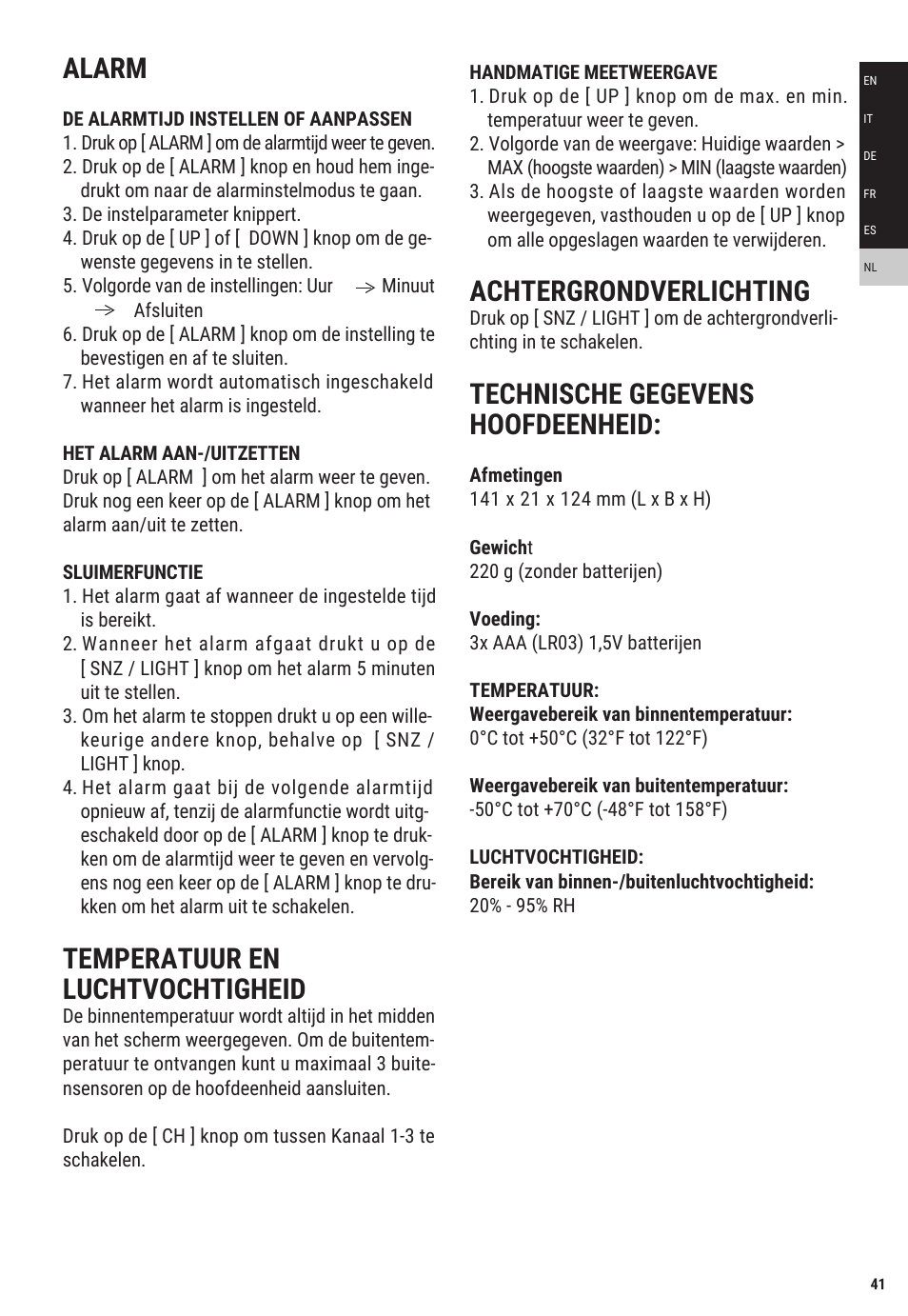 Alarm, Temperatuur en luchtvochtigheid, Achtergrondverlichting | Technische gegevens hoofdeenheid | Explore Scientific Weather Station with Three Wireless Sensors User Manual | Page 41 / 44