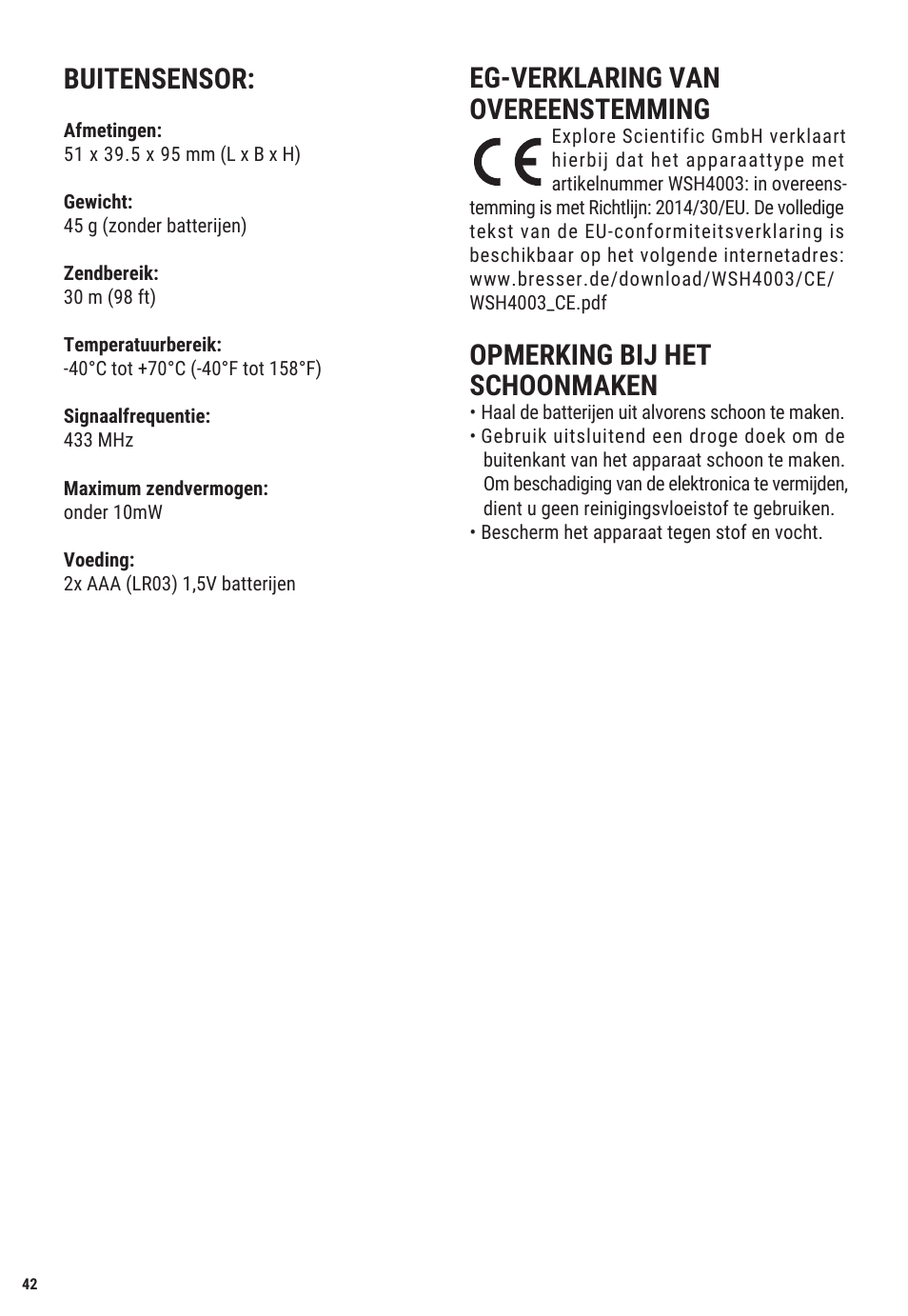 Eg-verklaring van overeenstemming, Opmerking bij het schoonmaken, Buitensensor | Explore Scientific Weather Station with Three Wireless Sensors User Manual | Page 42 / 44