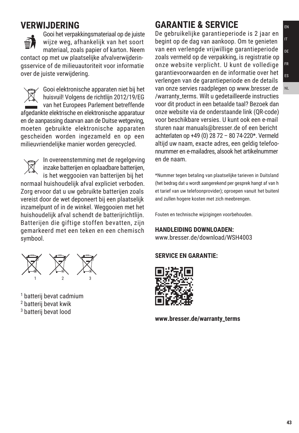 Verwijdering, Garantie & service | Explore Scientific Weather Station with Three Wireless Sensors User Manual | Page 43 / 44