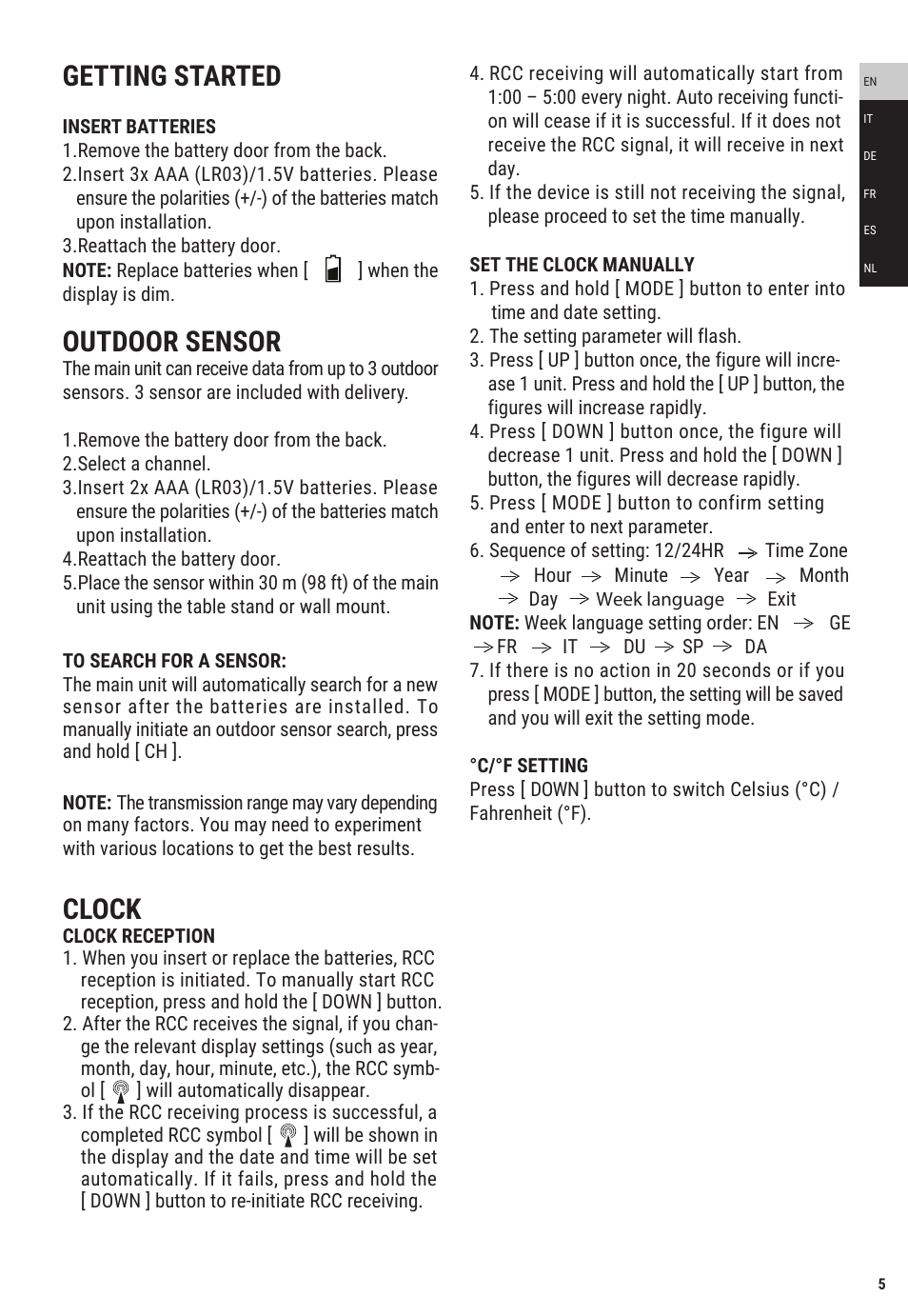 Getting started, Outdoor sensor, Clock | Explore Scientific Weather Station with Three Wireless Sensors User Manual | Page 5 / 44