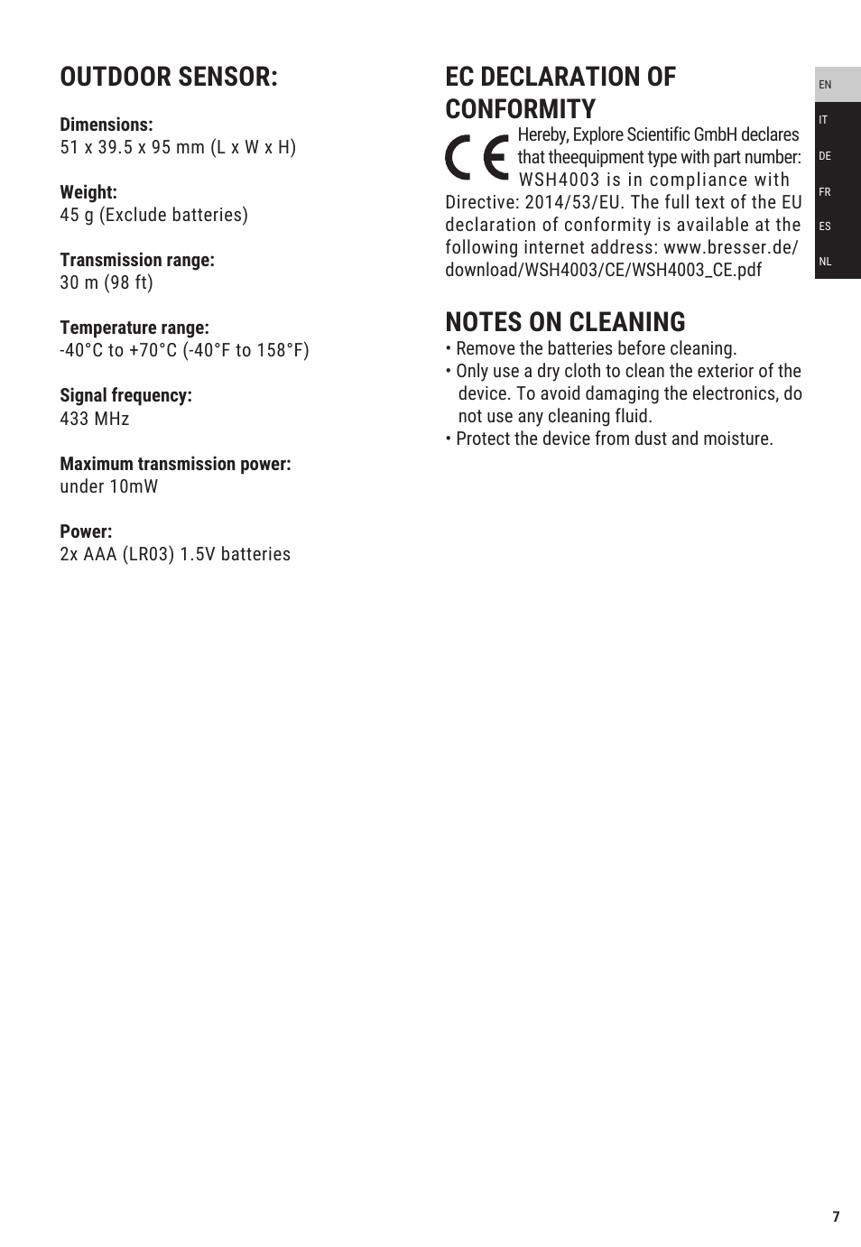 Ec declaration of conformity, Outdoor sensor | Explore Scientific Weather Station with Three Wireless Sensors User Manual | Page 7 / 44