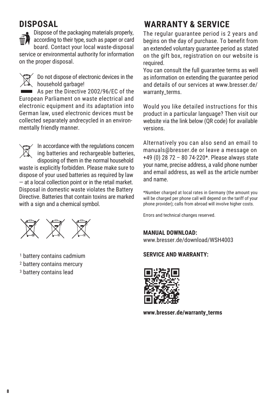 Disposal, Warranty & service | Explore Scientific Weather Station with Three Wireless Sensors User Manual | Page 8 / 44