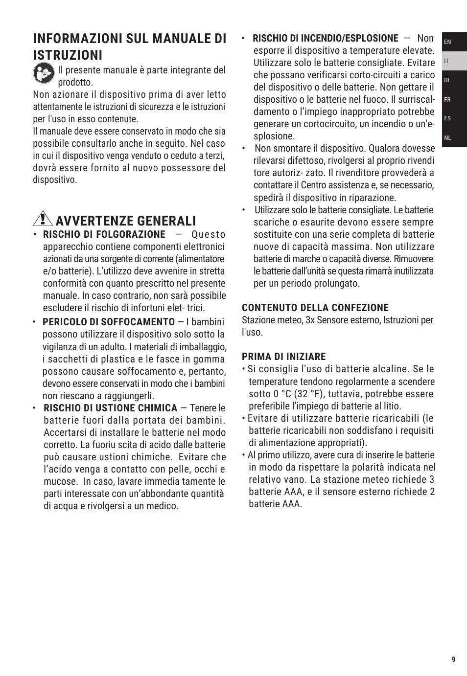 Informazioni sul manuale di istruzioni, Avvertenze generali | Explore Scientific Weather Station with Three Wireless Sensors User Manual | Page 9 / 44