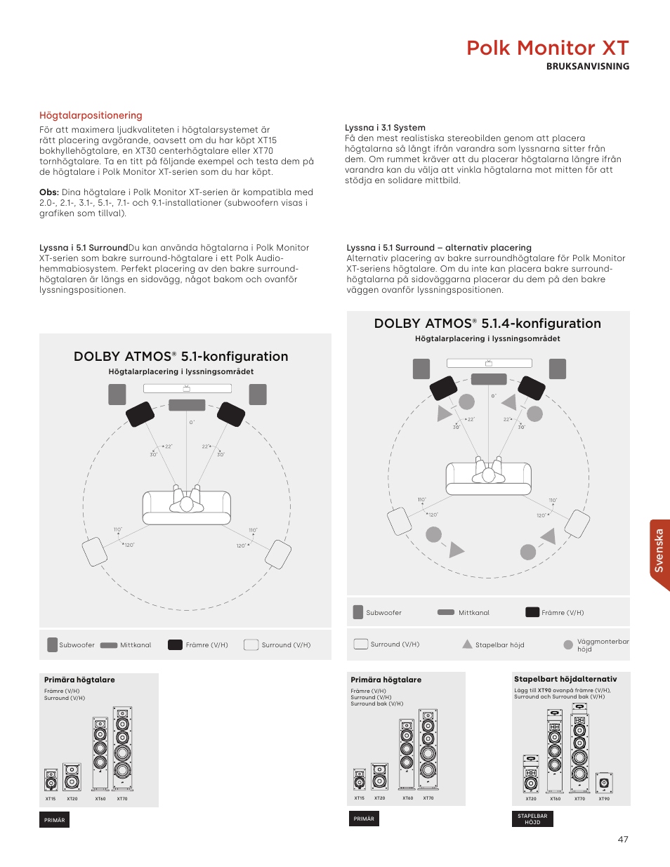 Polk monitor xt, Dolby atmos® 5.1-konfiguration, Dolby atmos® 5.1.4-konfiguration | Sv ensk a, Högtalarpositionering, Bruksanvisning | Polk Audio Monitor XT60 Two-Way Floorstanding Speaker (Single) User Manual | Page 47 / 80