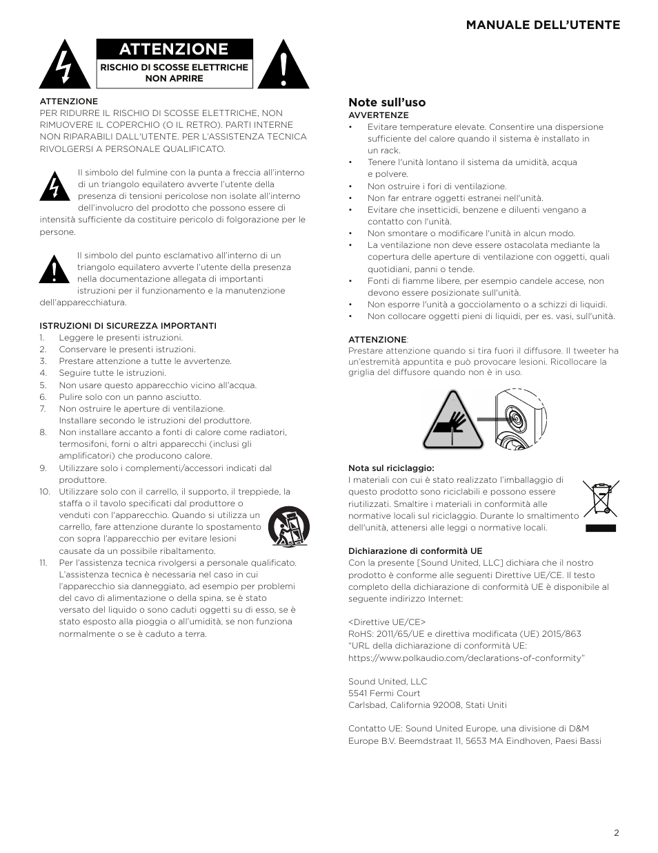 Attenzione, Manuale dell’utente | Polk Audio Reserve Series R700 Three-Way Floorstanding Speaker (Walnut, Single) User Manual | Page 101 / 155