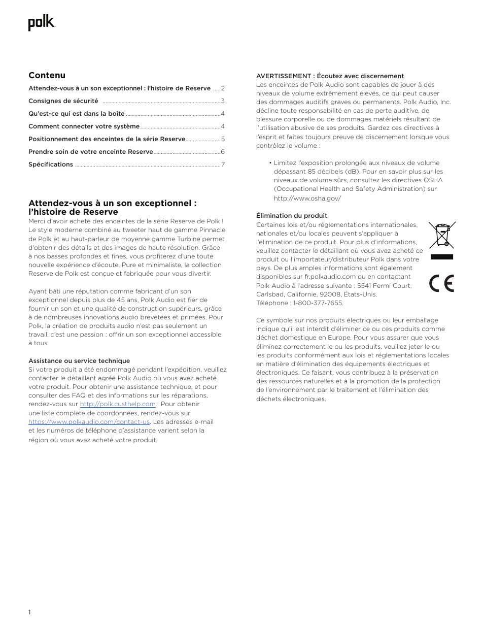 Contenu | Polk Audio Reserve Series R700 Three-Way Floorstanding Speaker (Walnut, Single) User Manual | Page 16 / 155