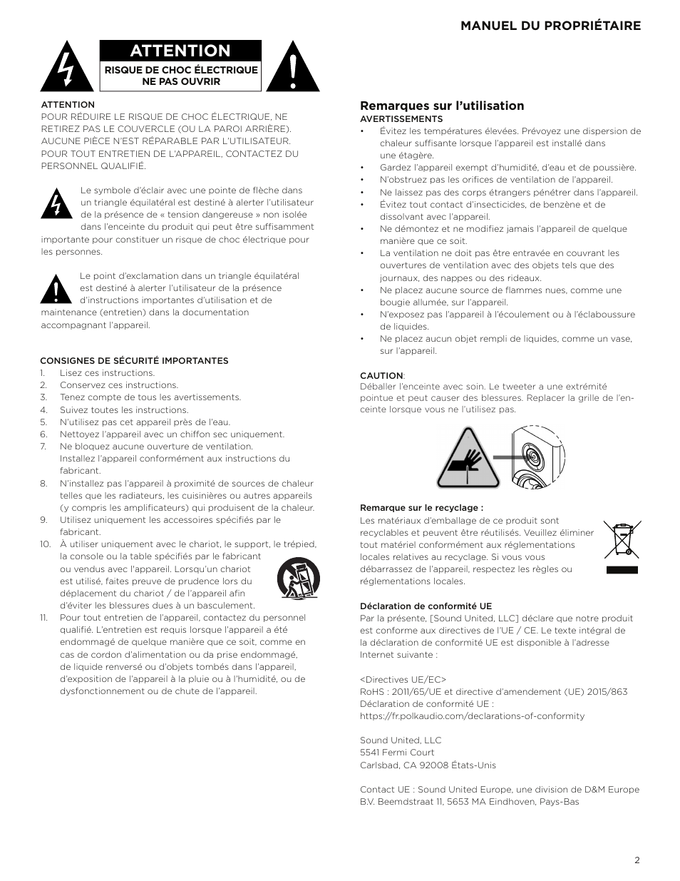 Attention, Manuel du propriétaire remarques sur l’utilisation | Polk Audio Reserve Series R700 Three-Way Floorstanding Speaker (Walnut, Single) User Manual | Page 17 / 155