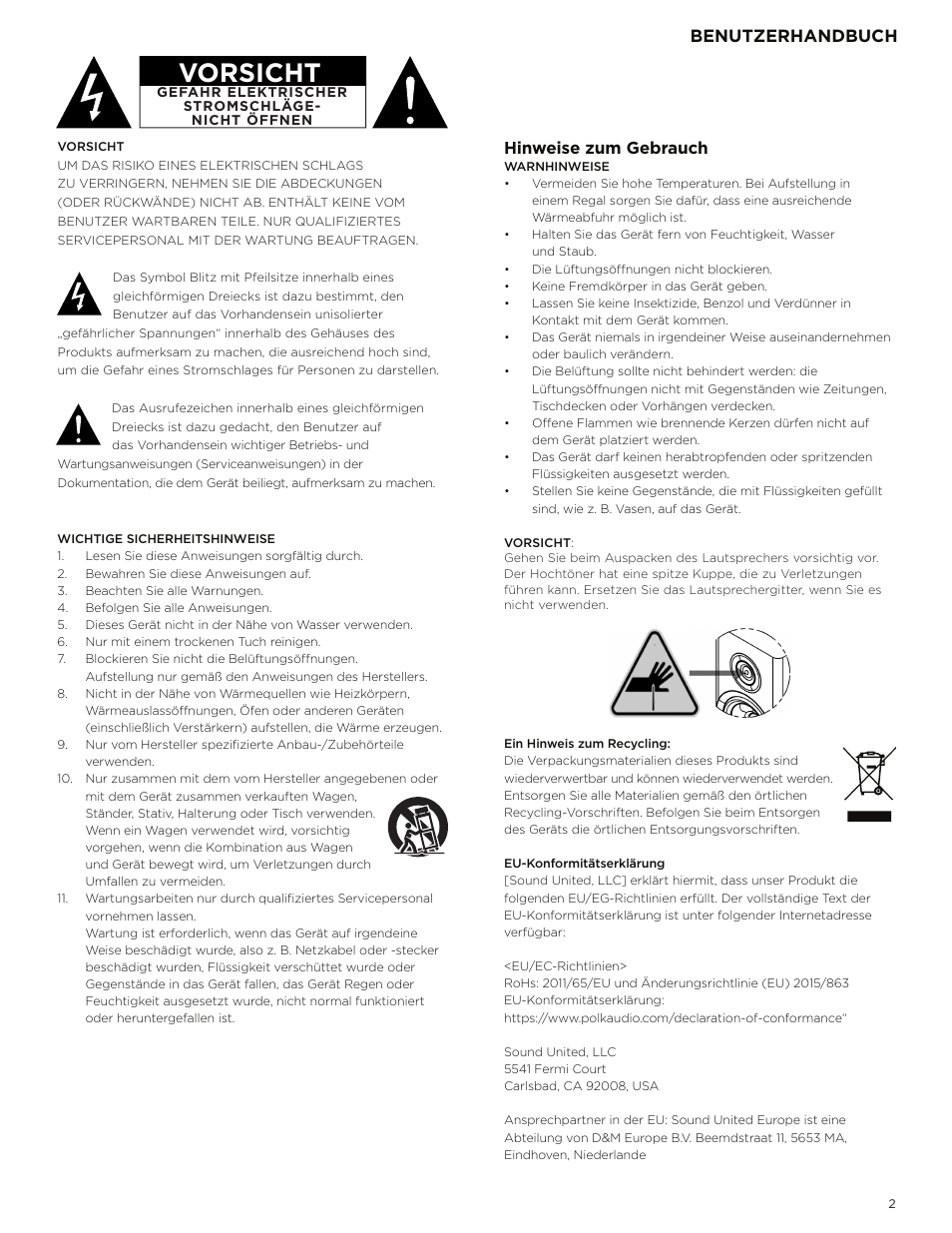 Vorsicht, Benutzerhandbuch hinweise zum gebrauch | Polk Audio Reserve Series R700 Three-Way Floorstanding Speaker (Walnut, Single) User Manual | Page 31 / 155