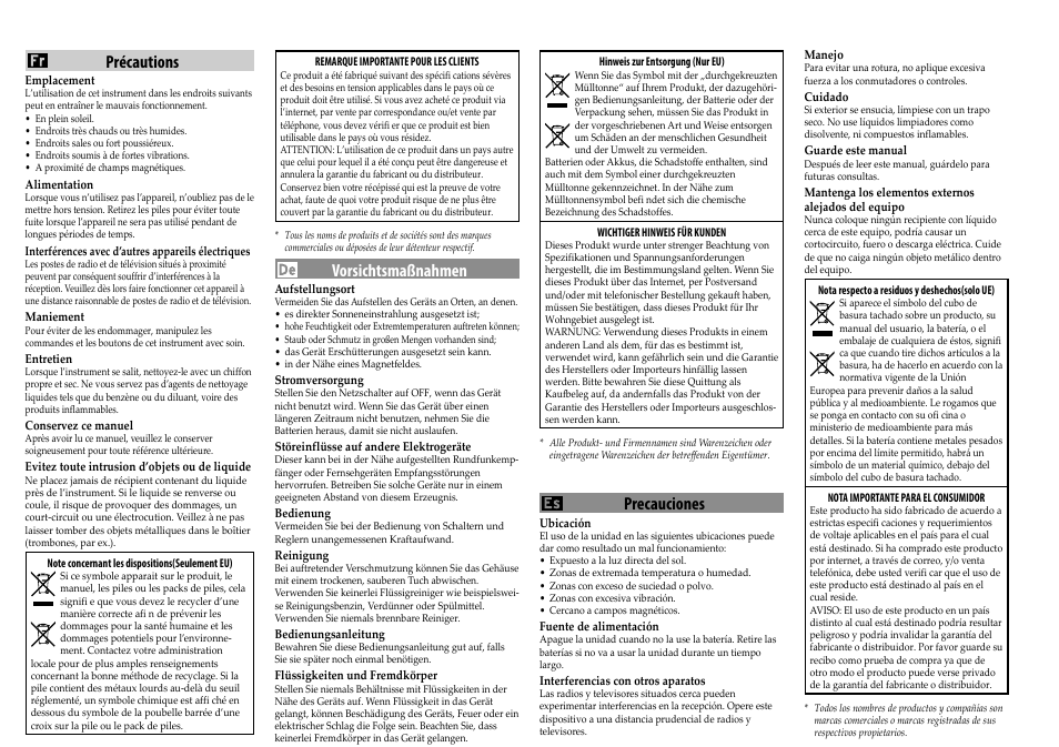 Vorsichtsmaßnahmen, Precauciones, Précautions | KORG KDM-3 Digital Metronome Limited Edition (Wooden Black) User Manual | Page 2 / 8