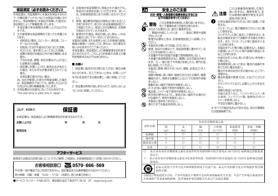 お客様相談窓口, 安全上のご注意, 保証規定 （必ずお読みください | アフターサービス | KORG KDM-3 Digital Metronome Limited Edition (Wooden Black) User Manual | Page 3 / 8