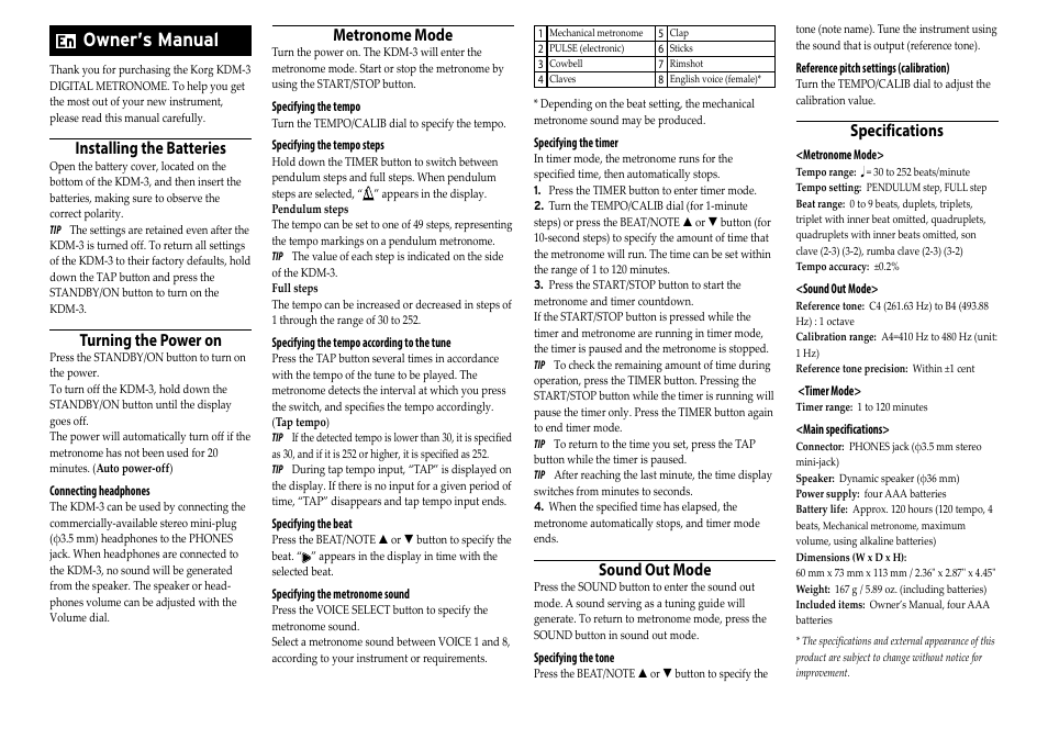 English, Owner’s manual, Installing the batteries | Turning the power on, Metronome mode, Sound out mode, Specifications | KORG KDM-3 Digital Metronome Limited Edition (Wooden Black) User Manual | Page 4 / 8