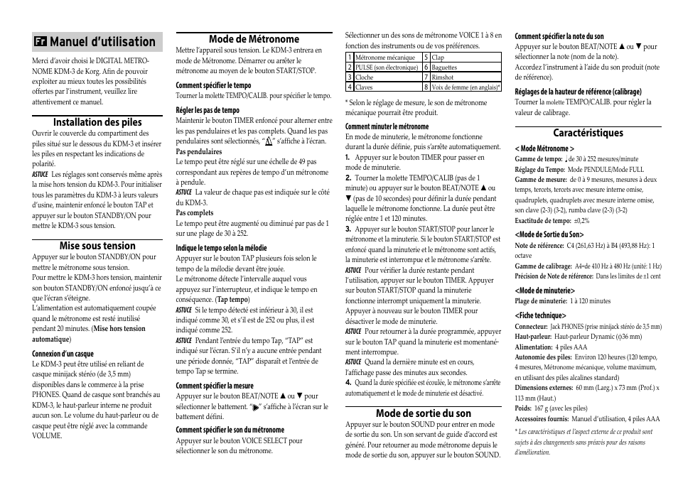 Français, Manuel d’utilisation, Installation des piles | Mise sous tension, Mode de métronome, Mode de sortie du son, Caractéristiques | KORG KDM-3 Digital Metronome Limited Edition (Wooden Black) User Manual | Page 5 / 8