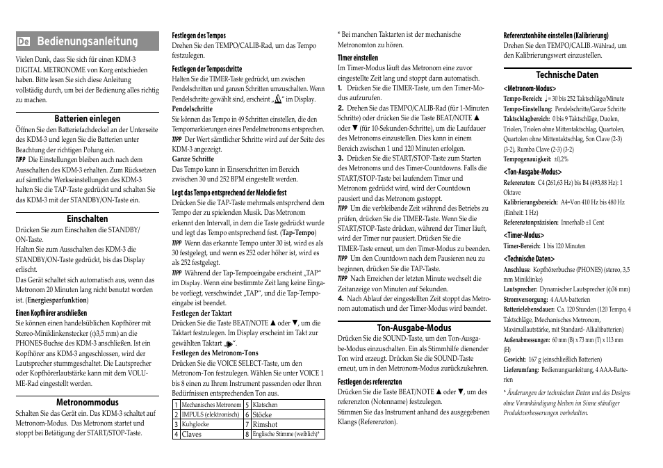 Deutsch, Bedienungsanleitung, Batterien einlegen | Einschalten, Metronommodus, Ton-ausgabe-modus, Technische daten | KORG KDM-3 Digital Metronome Limited Edition (Wooden Black) User Manual | Page 6 / 8