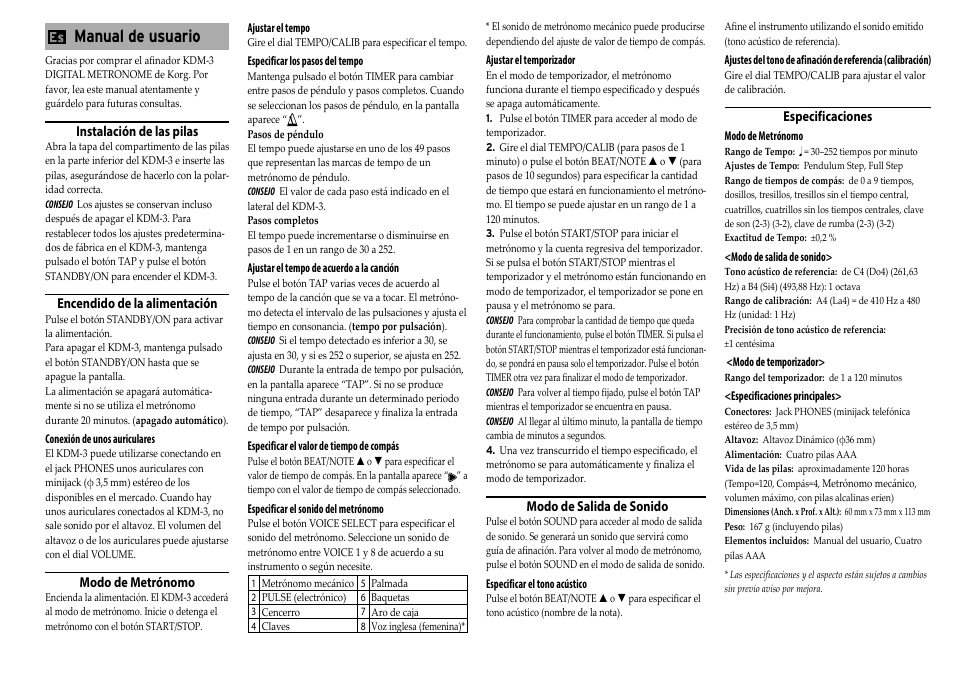 Español, Manual de usuario, Instalación de las pilas | Encendido de la alimentación, Modo de metrónomo, Modo de salida de sonido, Especificaciones | KORG KDM-3 Digital Metronome Limited Edition (Wooden Black) User Manual | Page 7 / 8