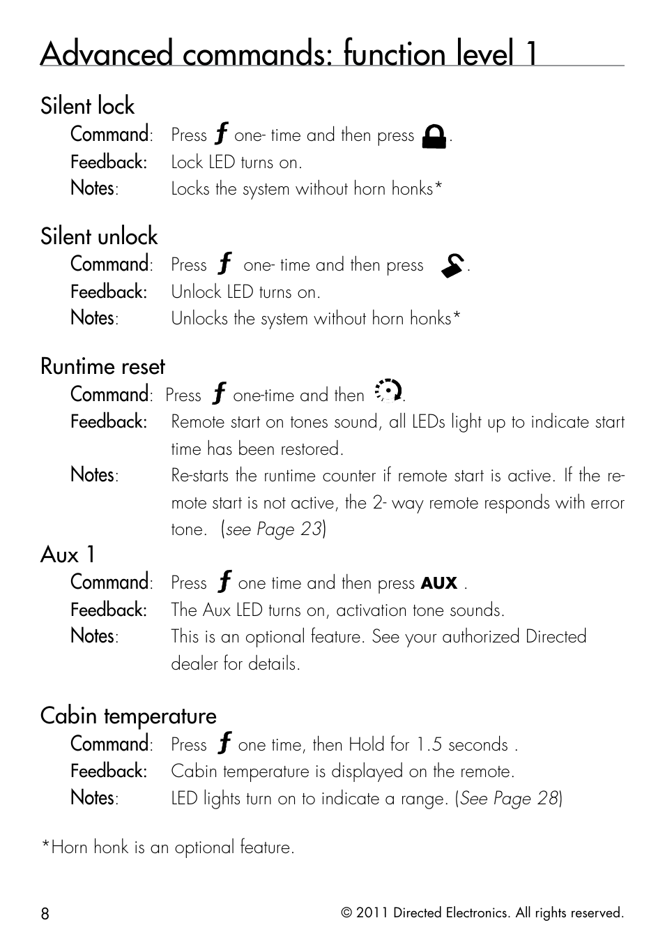 Advanced commands: function level 1, Silent lock, Silent unlock | Runtime reset, Aux 1, Cabin temperature, Command | Directed Electronics 1.3X User Manual | Page 16 / 52