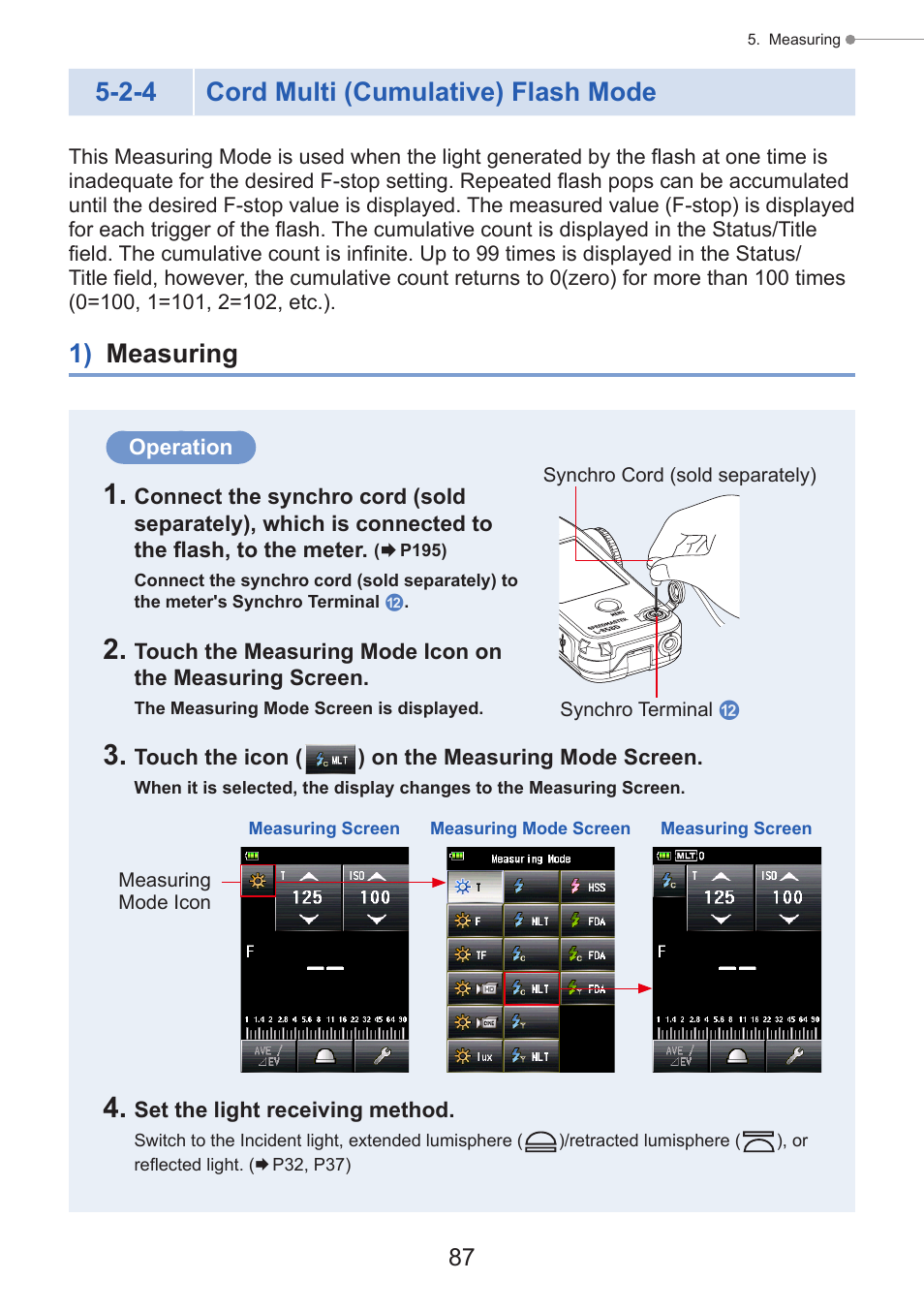 Cord multi (cumulative) flash mode, 1) measuring, P87) | In case of the following, please follow "5-2-4, 2-4 cord multi (cumulative) flash mode | Sekonic Speedmaster L-858D-U Light Meter User Manual | Page 101 / 223