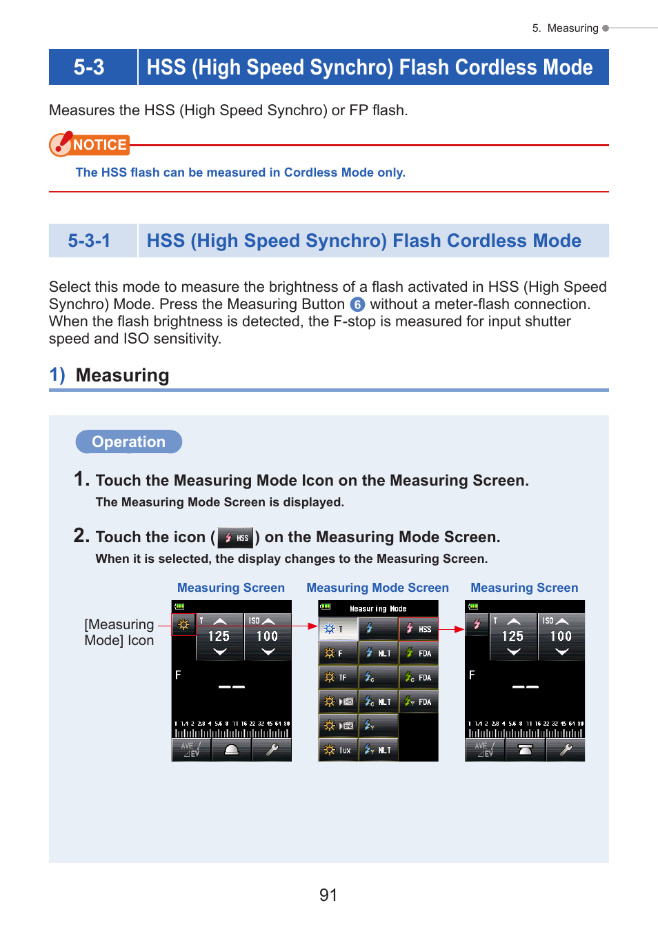 Hss (high speed synchro) flash cordless mode, 1) measuring, Cordless | P91), 3 hss (high speed synchro) flash cordless mode, 3-1 hss (high speed synchro) flash cordless mode | Sekonic Speedmaster L-858D-U Light Meter User Manual | Page 105 / 223