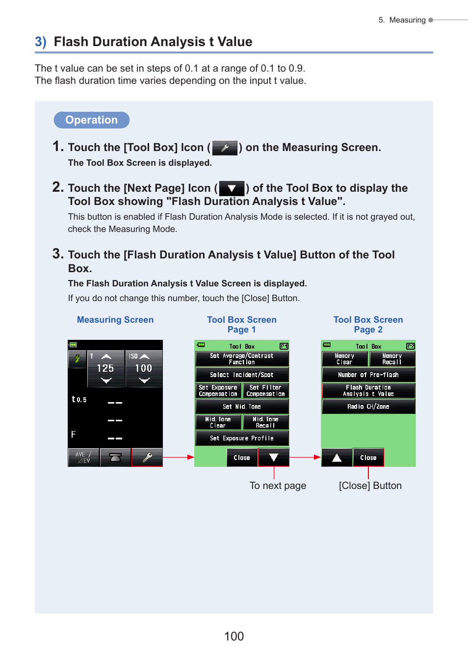 3) flash duration analysis t value, P100, P100) | Sekonic Speedmaster L-858D-U Light Meter User Manual | Page 114 / 223