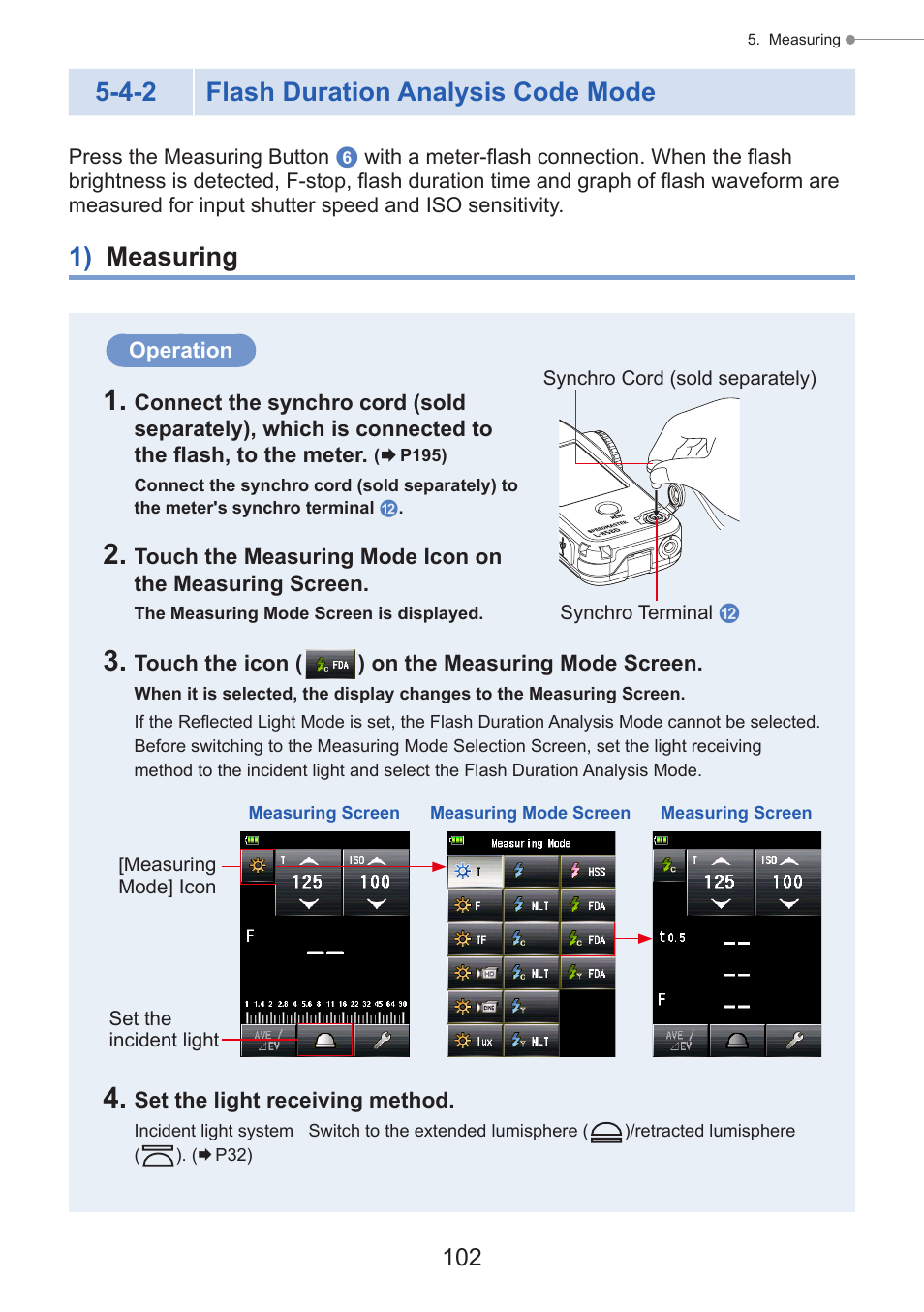 Flash duration analysis code mode, 1) measuring, P102 | P102), 4-2 flash duration analysis code mode | Sekonic Speedmaster L-858D-U Light Meter User Manual | Page 116 / 223