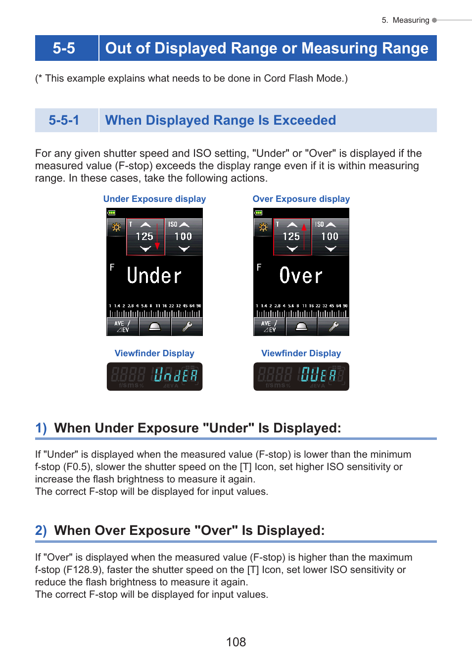 Out of displayed range or measuring range, When displayed range is exceeded, 1) when under exposure "under" is displayed | 2) when over exposure "over" is displayed, P108), 5 out of displayed range or measuring range, 5-1 when displayed range is exceeded | Sekonic Speedmaster L-858D-U Light Meter User Manual | Page 122 / 223