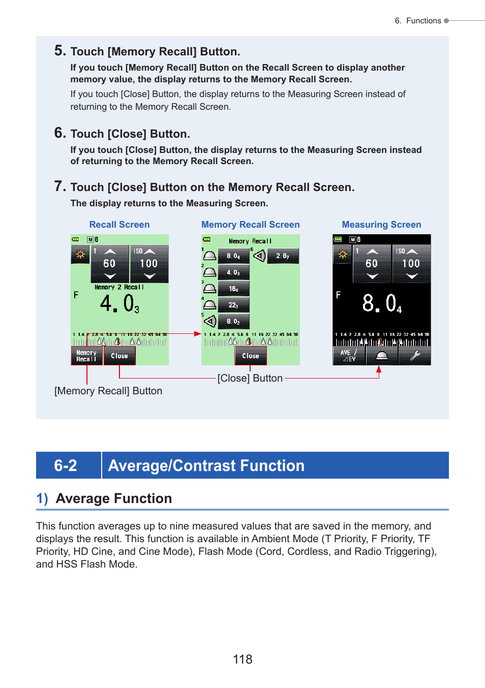 Average/contrast function, 1) average function, P118) | 2 average/contrast function | Sekonic Speedmaster L-858D-U Light Meter User Manual | Page 132 / 223