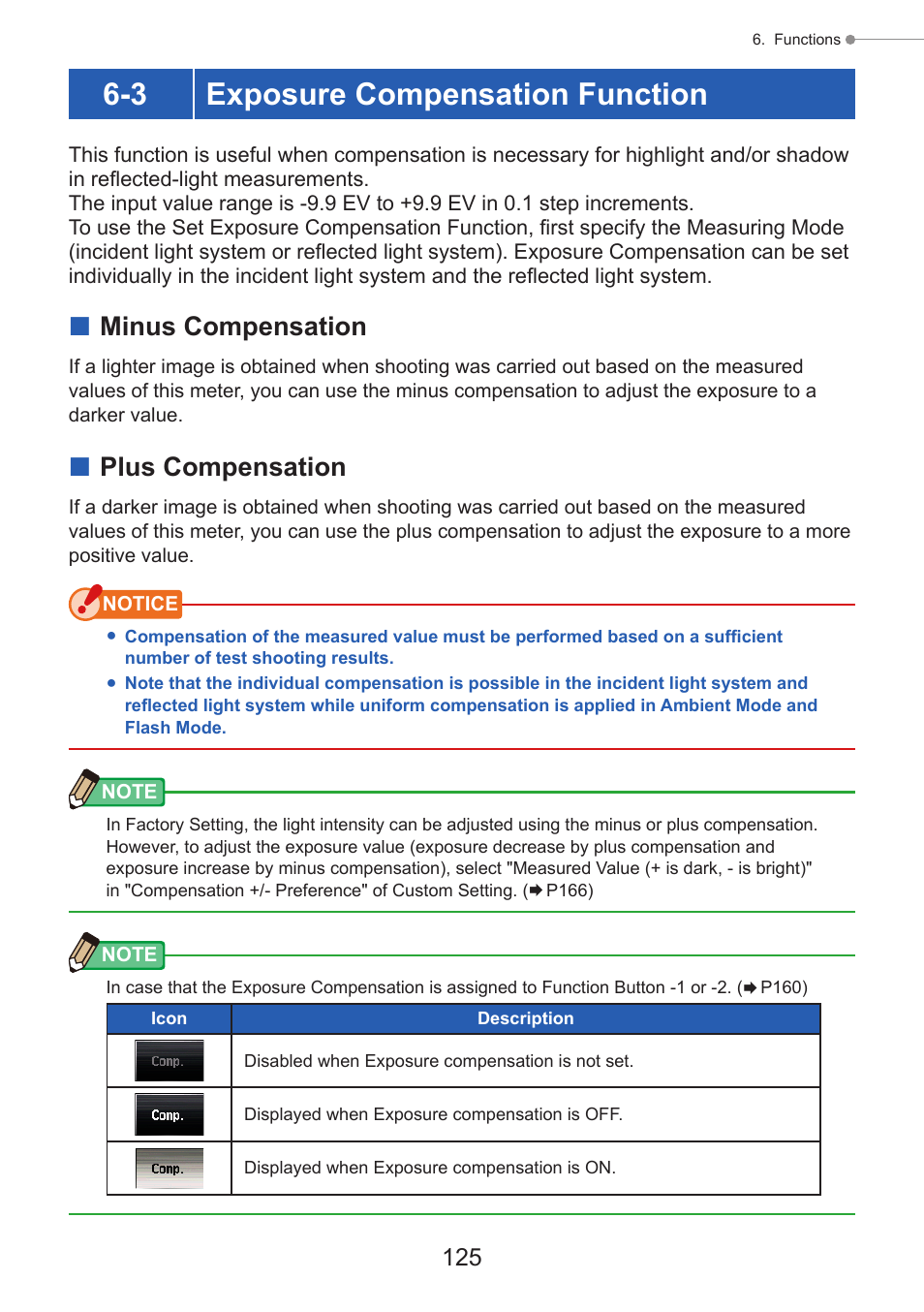 Exposure compensation function, Minus compensation, Plus compensation | P125), 3 exposure compensation function | Sekonic Speedmaster L-858D-U Light Meter User Manual | Page 139 / 223