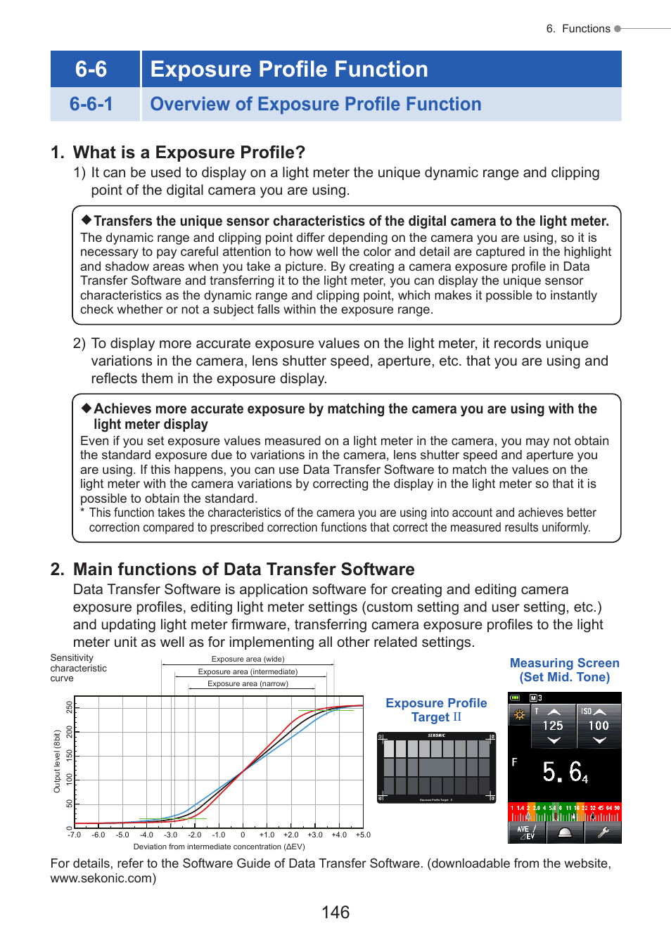 Exposure profile function, Overview of exposure profile function, P146) | 6 exposure profile function, 6-1 overview of exposure profile function, What is a exposure profile, Main functions of data transfer software | Sekonic Speedmaster L-858D-U Light Meter User Manual | Page 160 / 223
