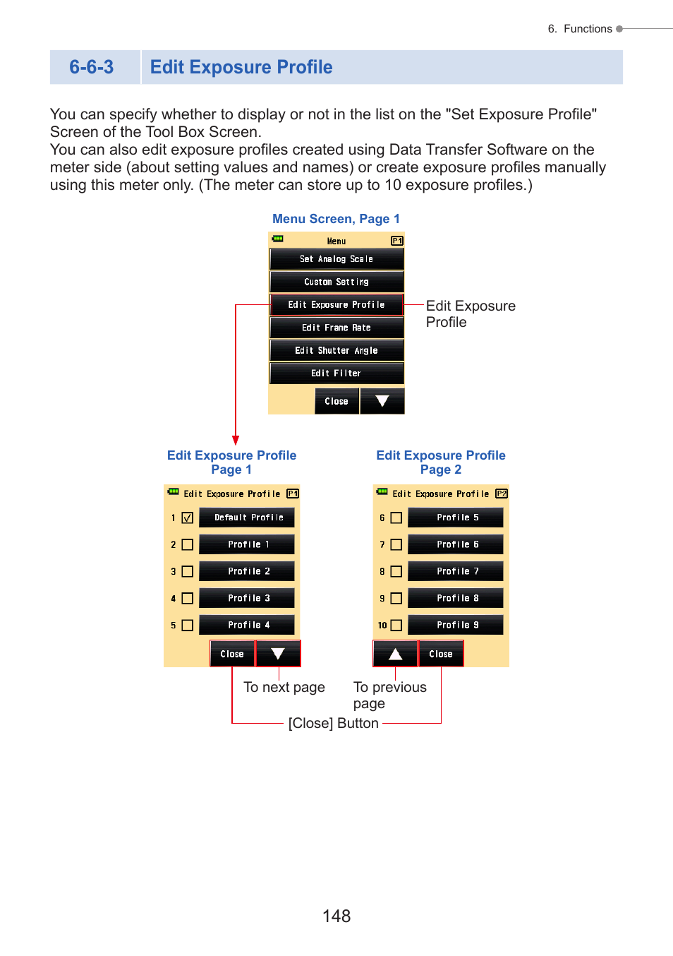 Edit exposure profile, P148), 6-3 edit exposure profile | Sekonic Speedmaster L-858D-U Light Meter User Manual | Page 162 / 223