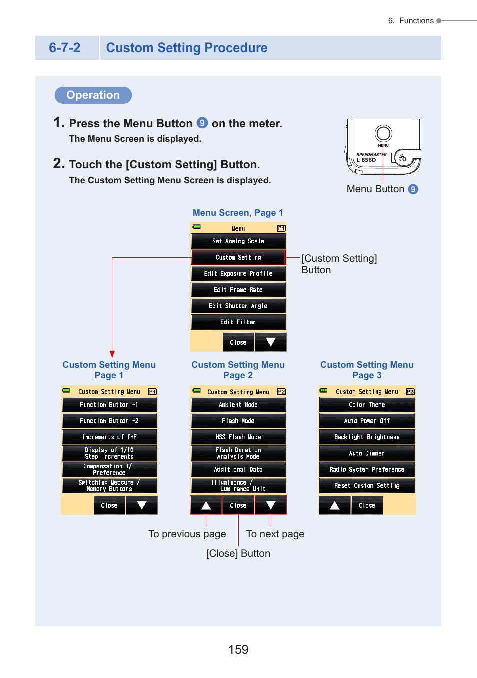 Custom setting procedure, 7-2 custom setting procedure | Sekonic Speedmaster L-858D-U Light Meter User Manual | Page 173 / 223