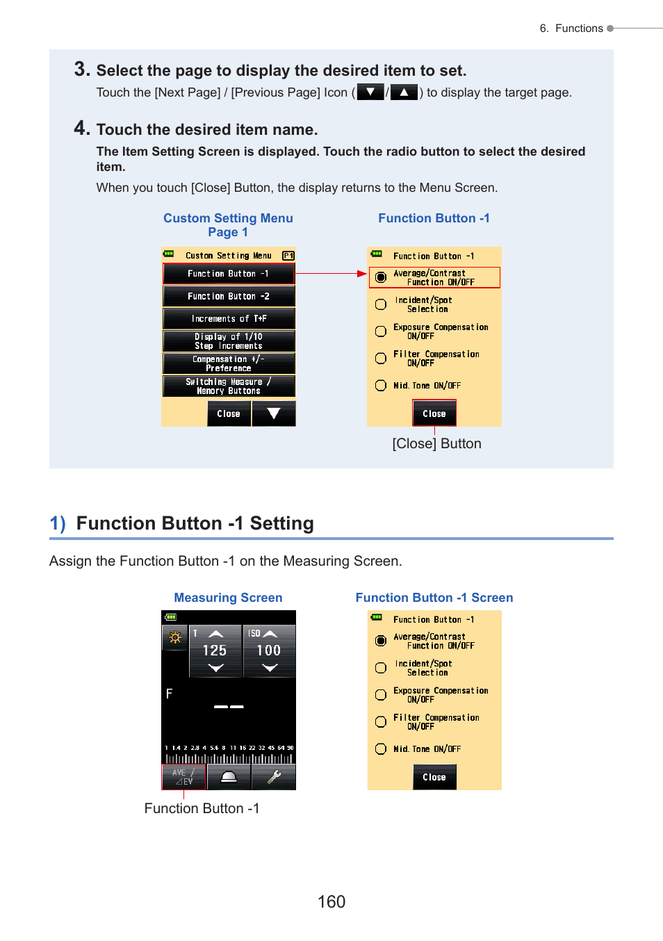 1) function button -1 setting, Set the desired function to this function button, P160) | P160), or set the set, One is assigned to function button -1 or -2 | Sekonic Speedmaster L-858D-U Light Meter User Manual | Page 174 / 223