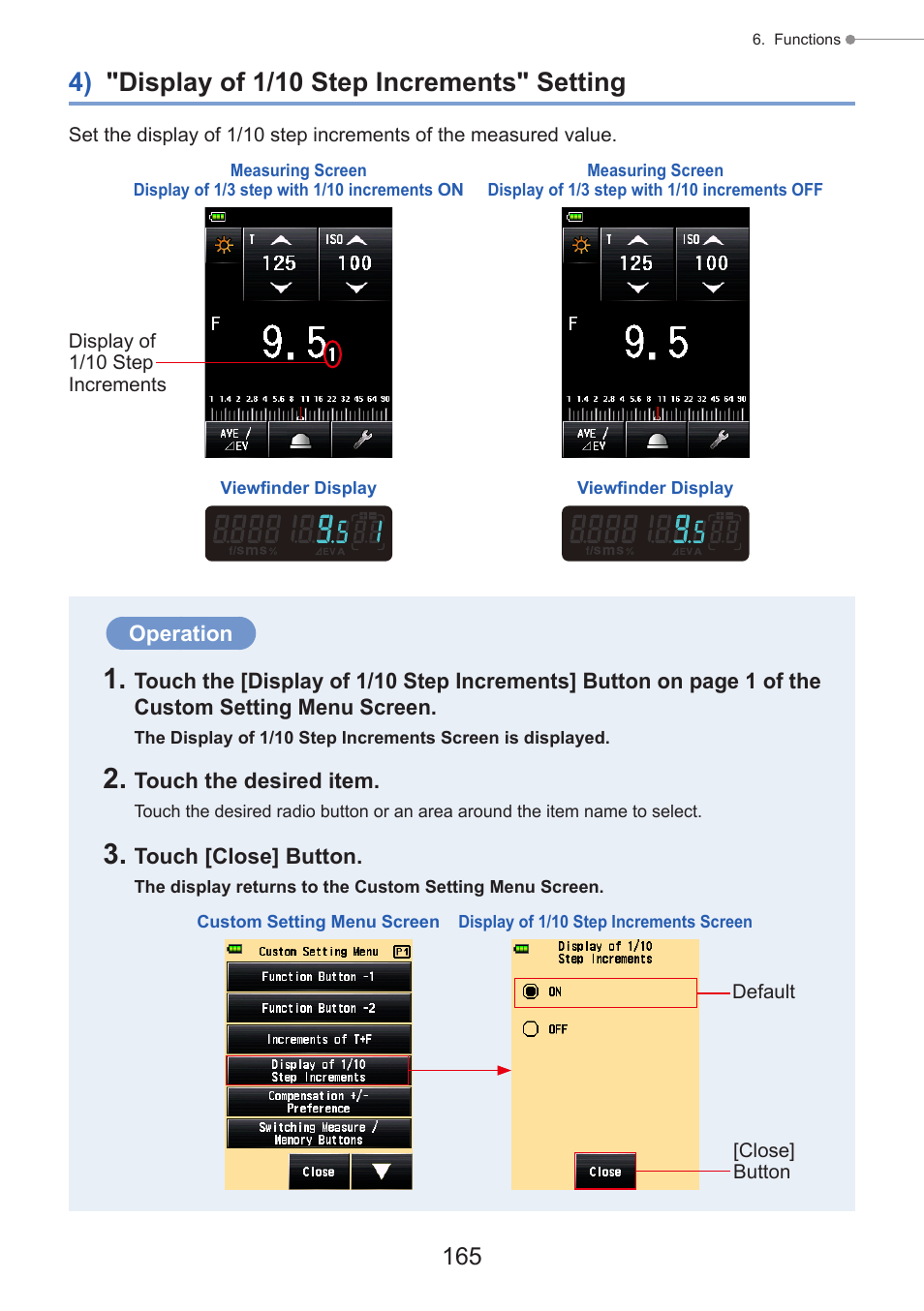4) "display of 1/10 step increments" setting, Custom setting, P165) | Sekonic Speedmaster L-858D-U Light Meter User Manual | Page 179 / 223