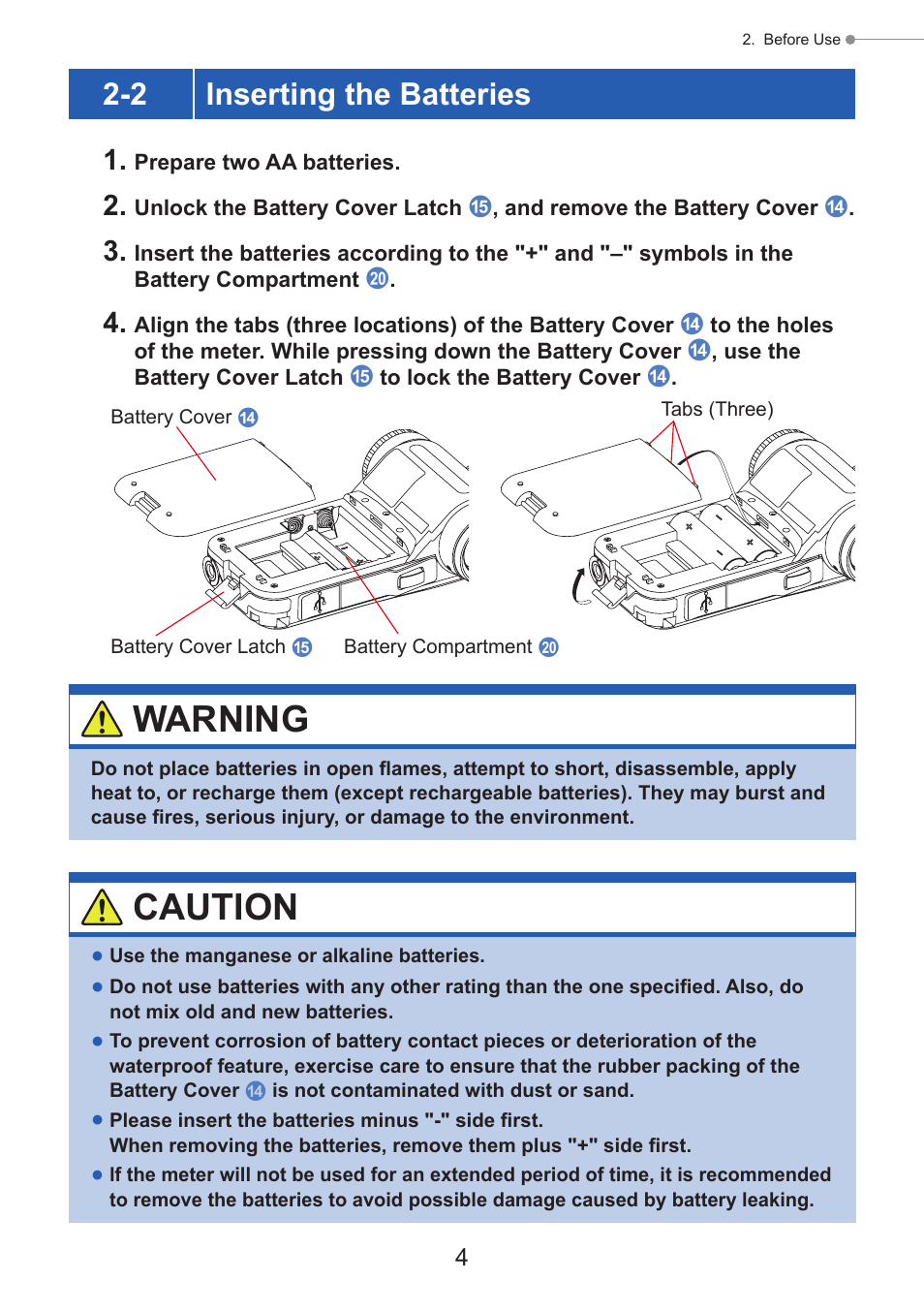 Inserting the batteries, Warning, Caution | 2 inserting the batteries | Sekonic Speedmaster L-858D-U Light Meter User Manual | Page 18 / 223