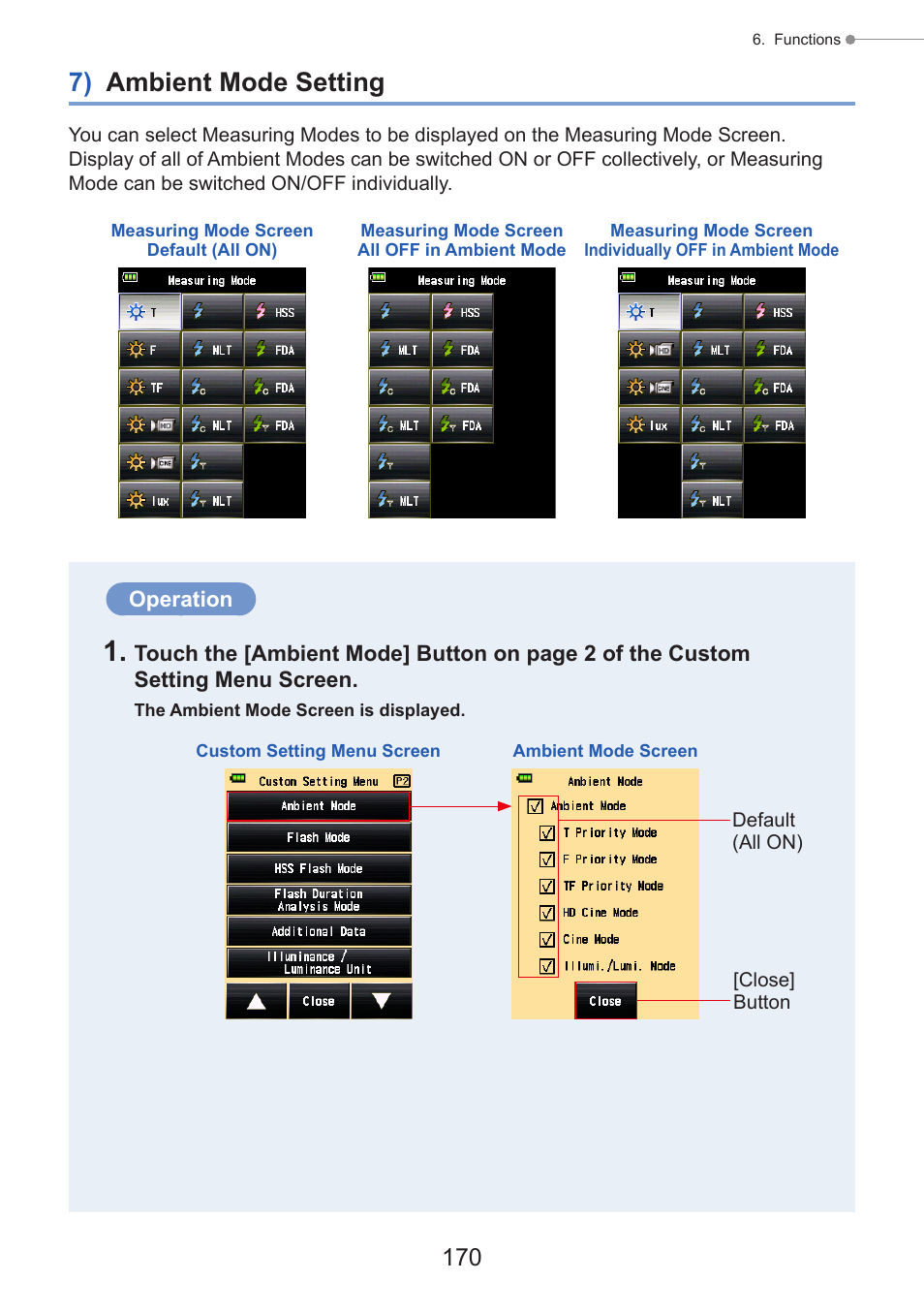 7) ambient mode setting, P170) | Sekonic Speedmaster L-858D-U Light Meter User Manual | Page 184 / 223