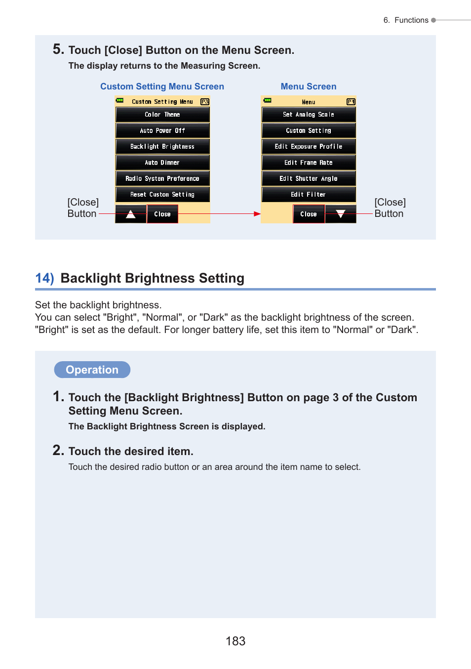 14) backlight brightness setting, P183) | Sekonic Speedmaster L-858D-U Light Meter User Manual | Page 197 / 223