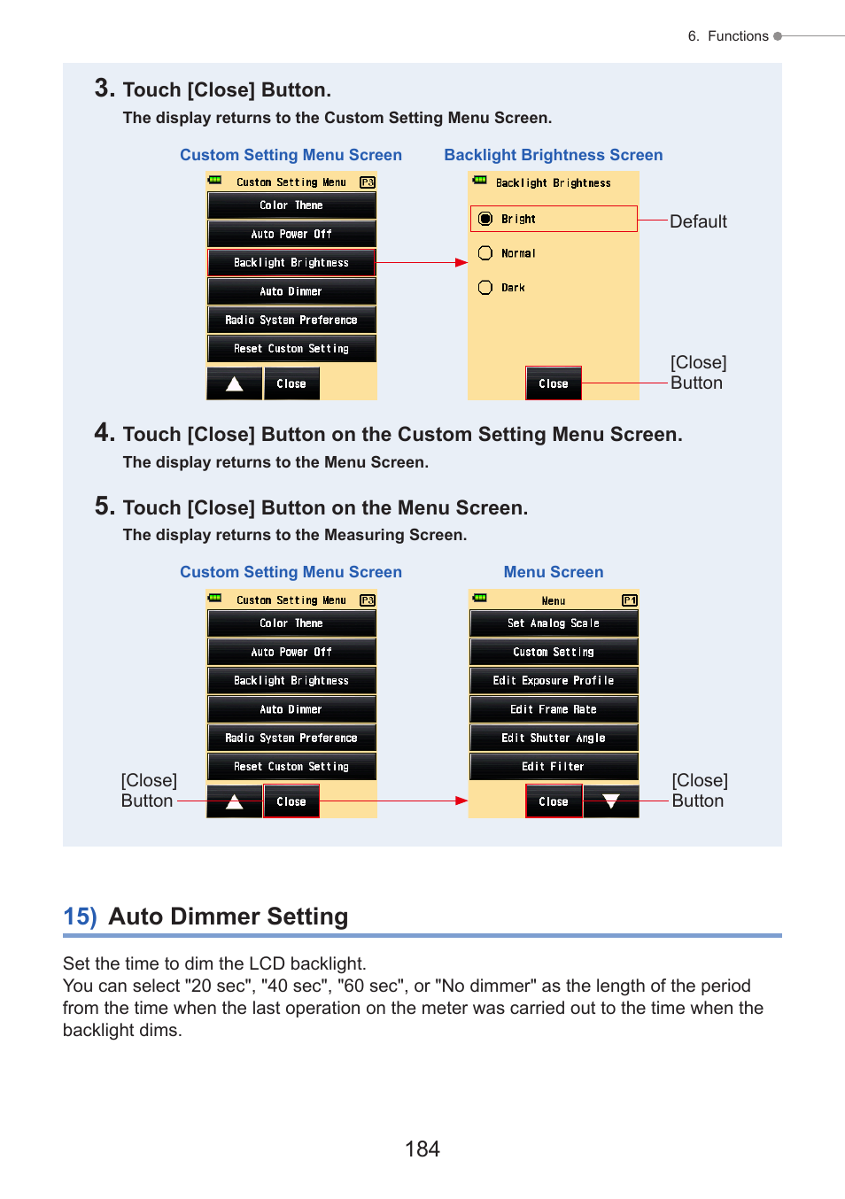 15) auto dimmer setting, P184) | Sekonic Speedmaster L-858D-U Light Meter User Manual | Page 198 / 223
