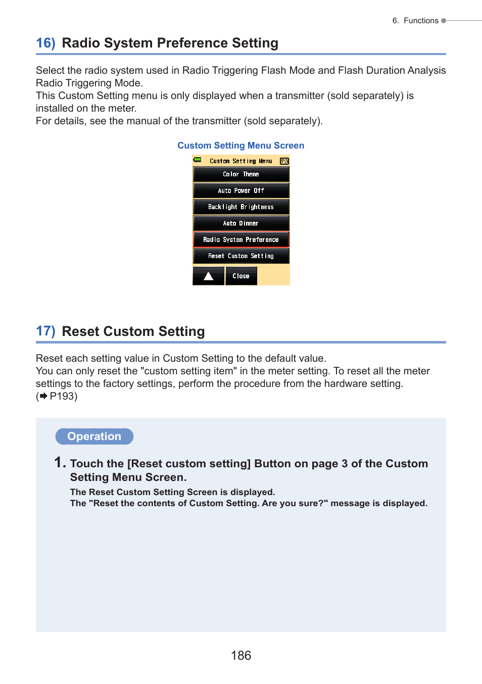 16) radio system preference setting, 17) reset custom setting | Sekonic Speedmaster L-858D-U Light Meter User Manual | Page 200 / 223