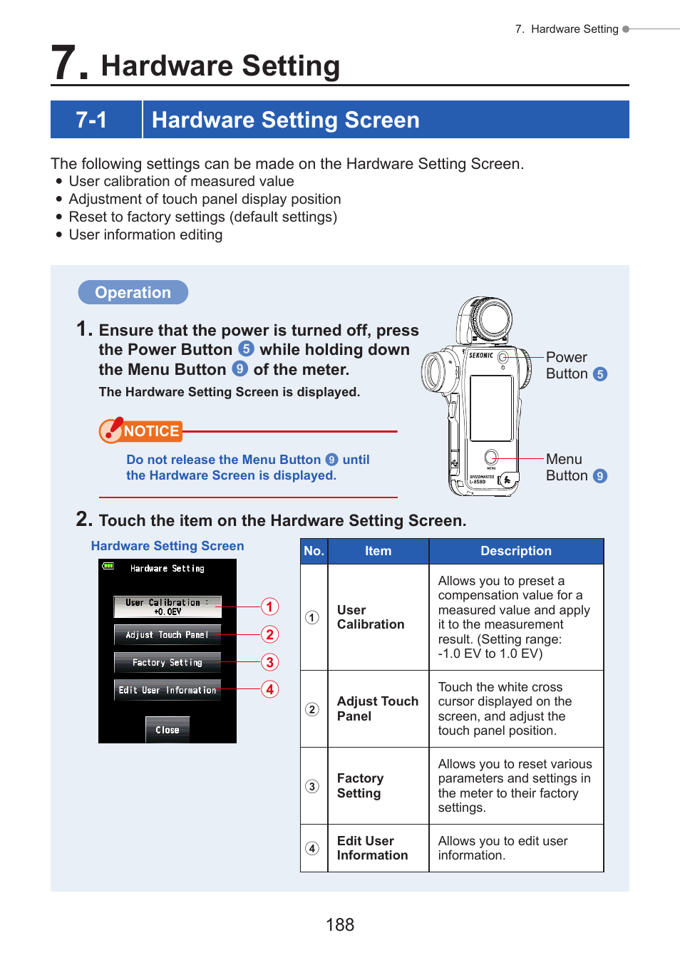 Hardware setting, Hardware setting screen, 1 hardware setting screen | Sekonic Speedmaster L-858D-U Light Meter User Manual | Page 202 / 223